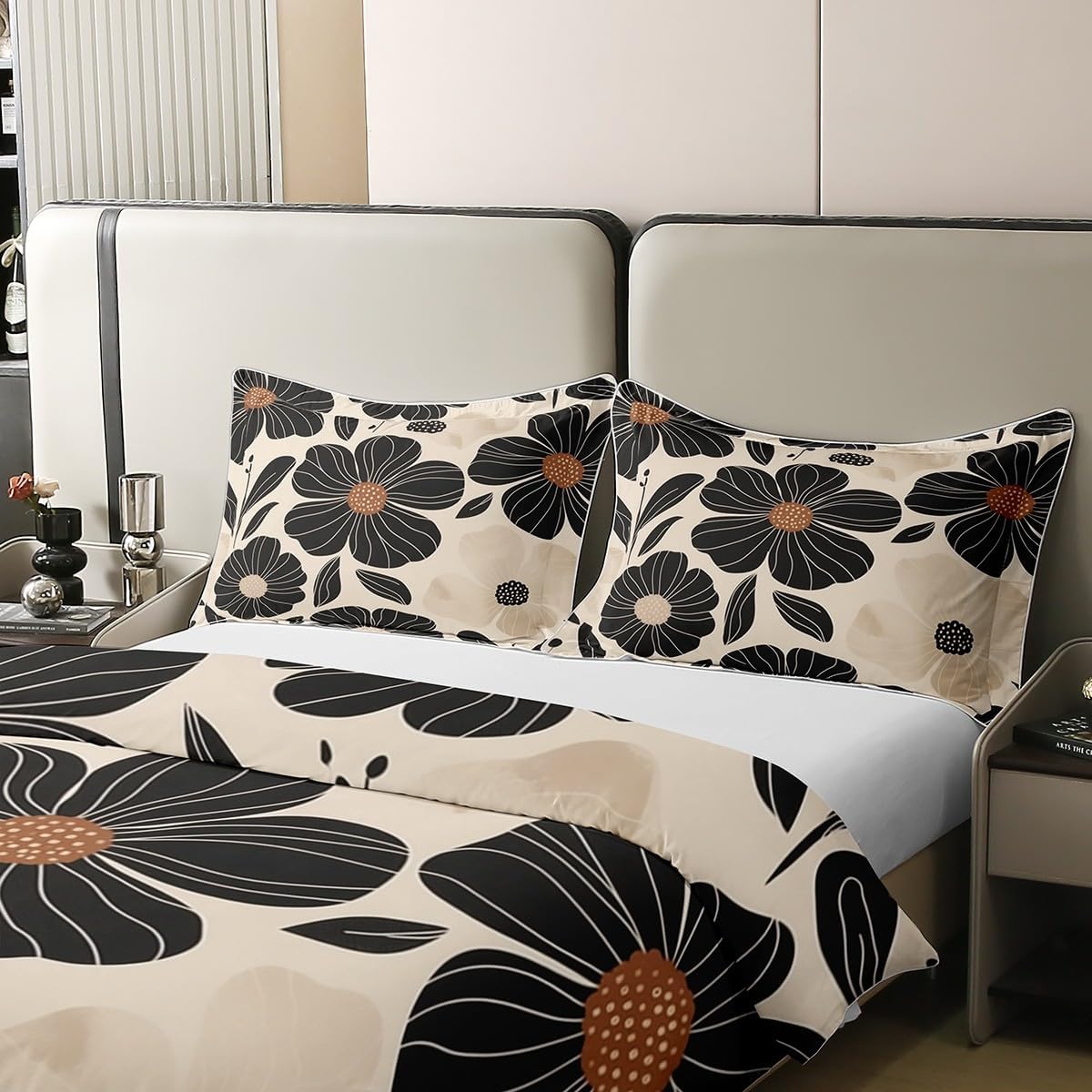 jejeloiu Boho Flower Duvet Cover Set 100% Cotton King Size Black Flowers Bedding Set for Kids Boys Girls Teens Floral Botanical Cotton Duvet Cover Vintage Retro Quilt Set 3Pcs - Image 4