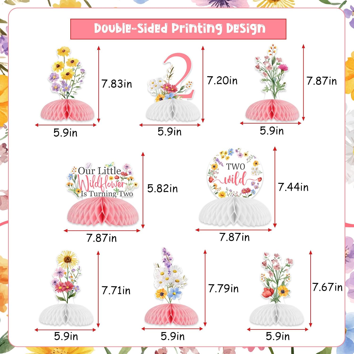 JOYMEMO 8 Pieces Wildflower 2nd Birthday Honeycomb Centerpieces Girl - Flowers Two Wild Second Birthday Table Decorations, Our Little Wildflower Is Turning Two Table Toppers Garden Birthday Party