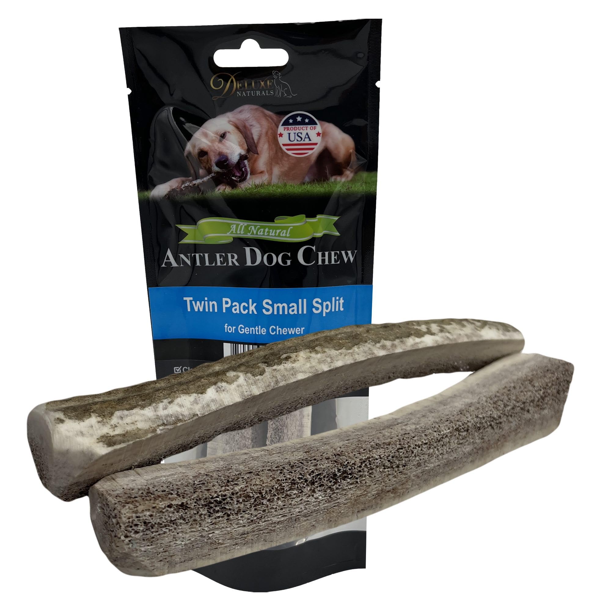 Deluxe Naturals 2-Pack Small Split Elk Antler Dog Chews (5 to 6.5+ in) – All Natural, Premium Grade A, Odor-Free, USA-Sourced – Long-Lasting Dental