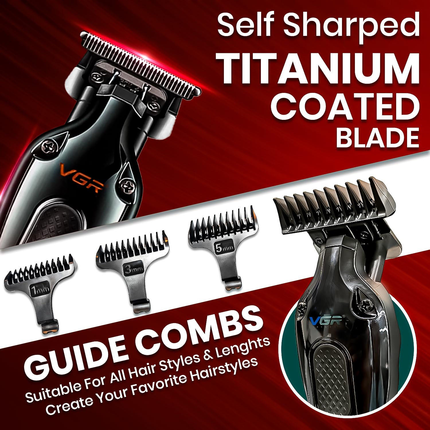 VGR V-998 Trimmer with various guide combs (1mm, 3mm, 5mm, 7mm) for different hair lengths.