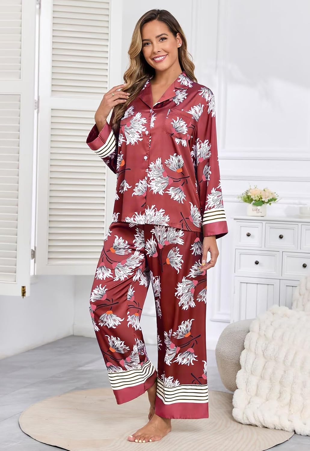 Brosloth Womens Silk Pajamas Floral Satin Pj Sets Button Up Long Sleeve Comfy Soft Fall 2 Pieces Lounge Sets - Image 3