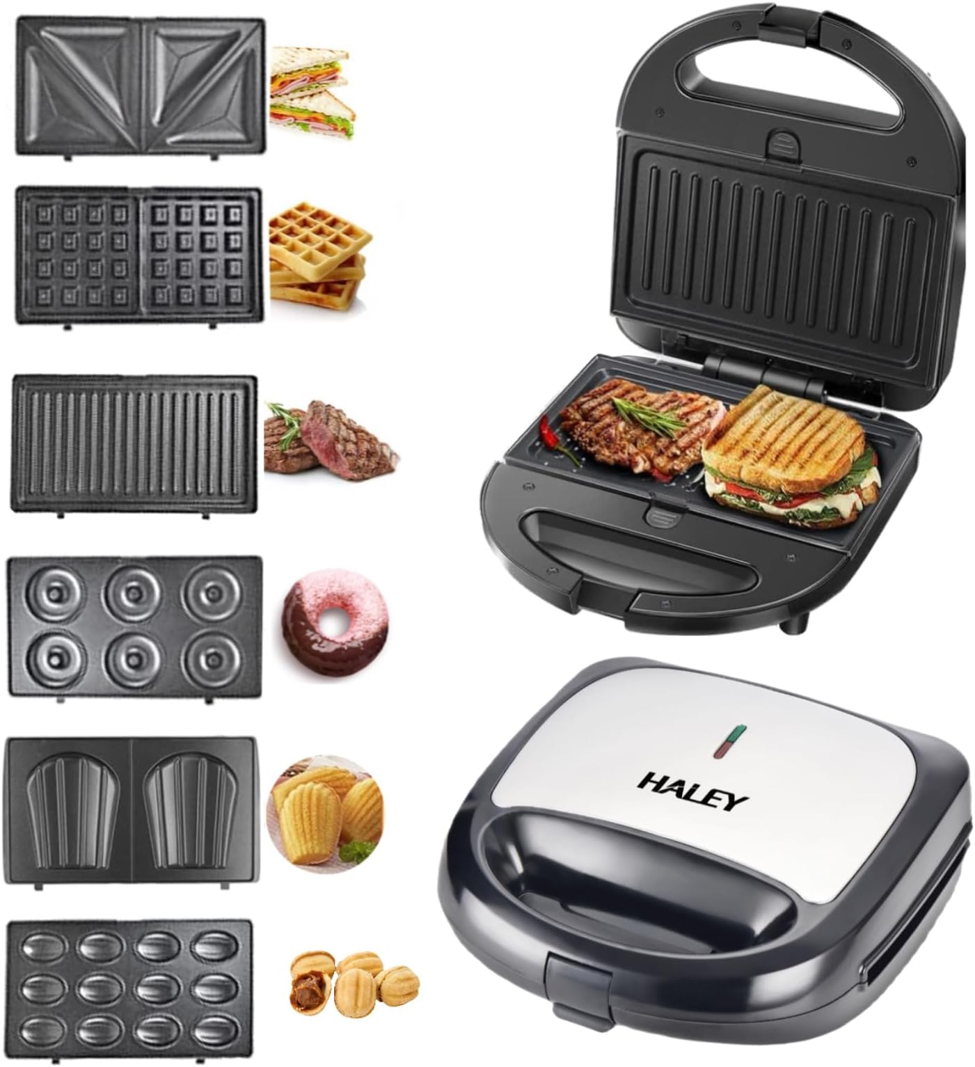 Wtrtr HALEY 6-in-1 Multi Snack Maker,750W Detachable Sandwich, Grill Maker, Waffle Maker,Doughnut,Madeleine,Plates with Bakelite Coating, 2-Year Warranty(HY-1023) (6 in 1)