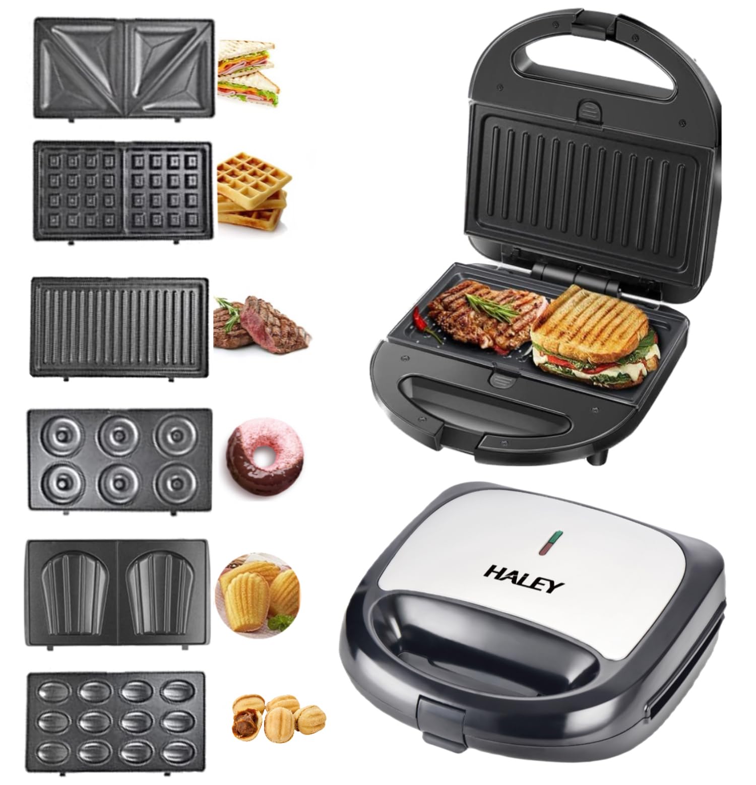 Wtrtr HALEY 6-in-1 Multi Snack Maker,750W Detachable Sandwich, Grill Maker, Waffle Maker,Doughnut,Madeleine,Plates with Bakelite Coating, 2-Year Warranty(HY-1023) (6 in 1)
