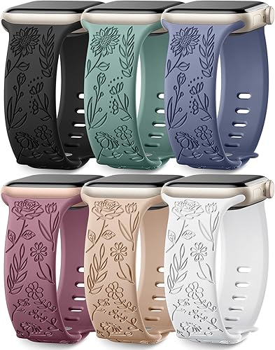 Miniatura 10 de Paquete de 6 correas con grabado floral compatibles con Apple Watch Band de 1.732 pulgadas, 1.575 pulgadas, 1.494 pulgadas, 1.654 pulgadas, 1.614
