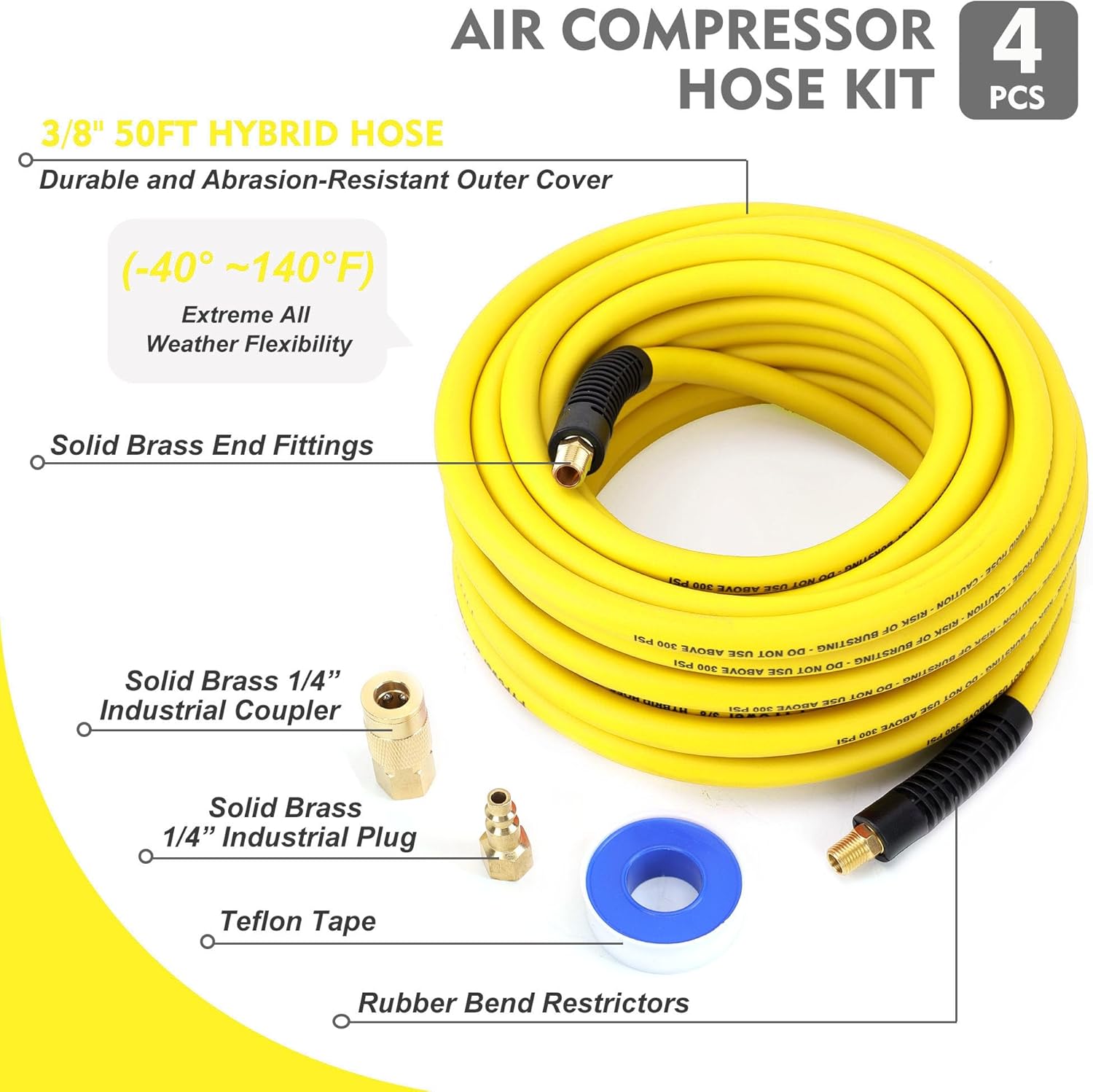 Hybrid Air Compressor Hose 3/8 in x 50 ft, Heavy Duty, Lightweight, Flexible and Kink Resistant Compressor Hose with 1/4" Industrial Brass Fittings, Yellow