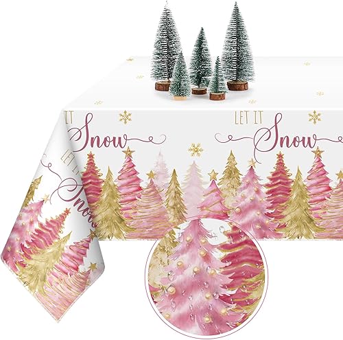 Mantel rectangular de árbol de Navidad rosa de 60 x 84 pulgadas, lavable de poliéster, diseño de copo de nieve con diseño de copo de nieve para