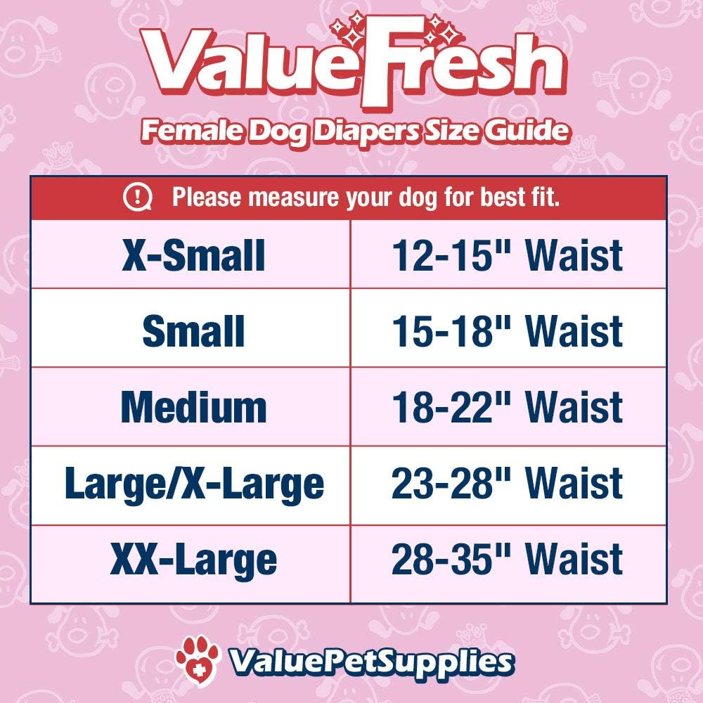 ValueFresh Female Dog Disposable Diapers, Large/X-Large, 60 Count - Full Coverage w/Tail Hole, Snag-Free Fasteners, Leak Protection, Wetness Indicator