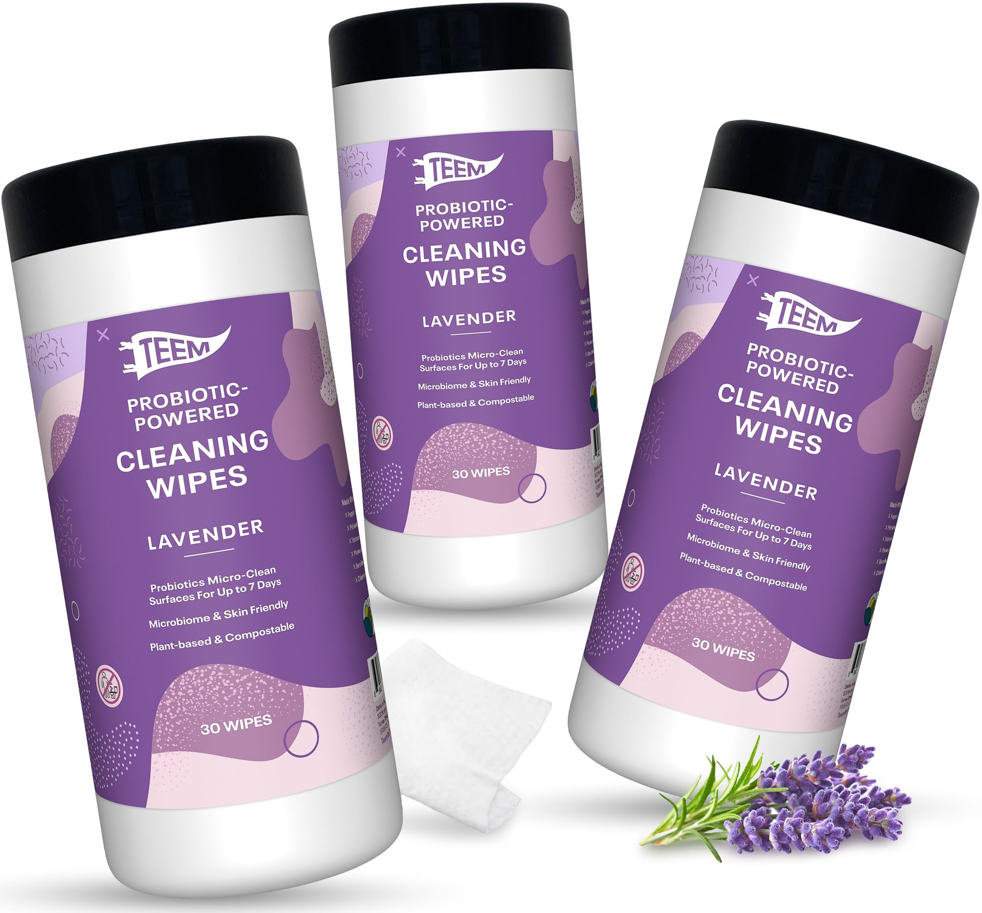 Probiotic Cleaning Wipes with Lavender Essential Oil, Microcleans Surfaces for up to 7 Days, Home Compostable & Biodegradable, All-Natural Multi