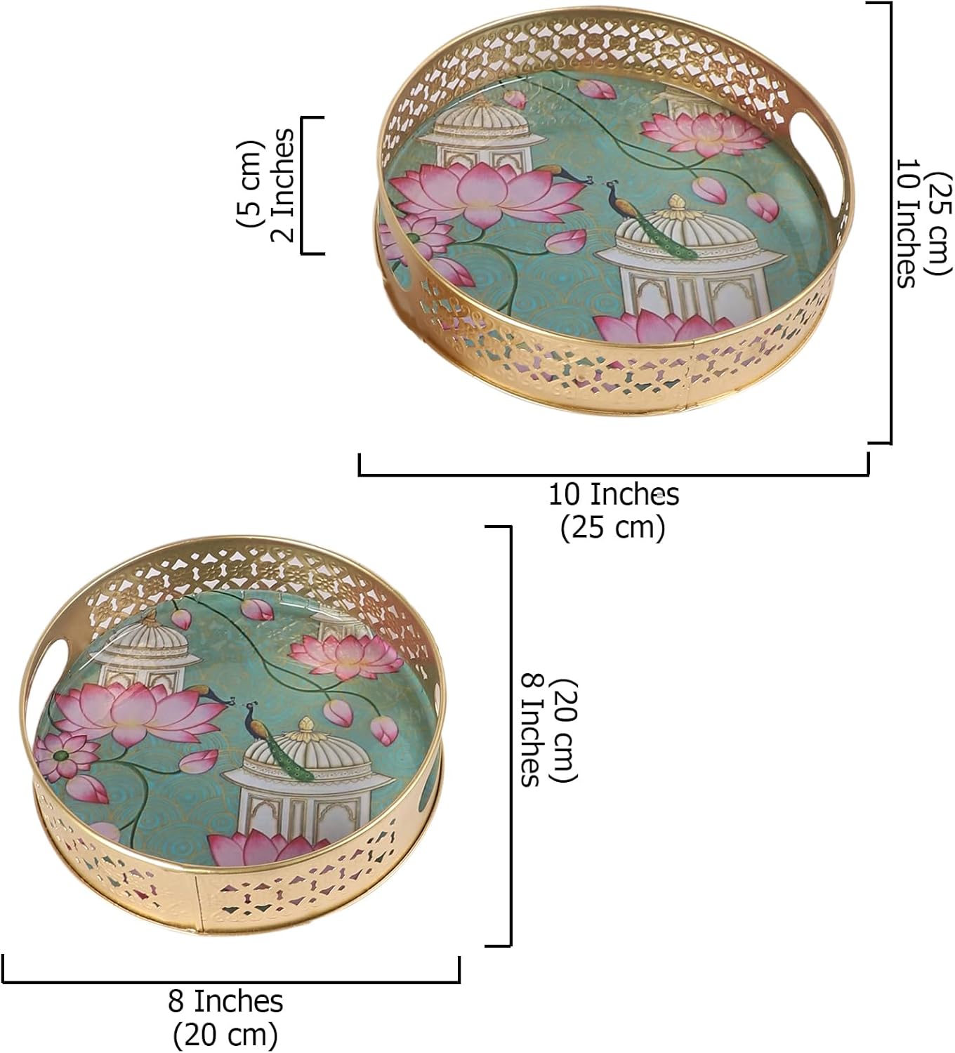 Two Moustaches Metal Rajasthani Round Lotus Flowers Design Serving Trays Set (8 & 10 Inches), Serving Plates for Home, Platters for Tea/Coffee/Snacks, Decorative Pichwai Tray, Multicolored, Pack of 2