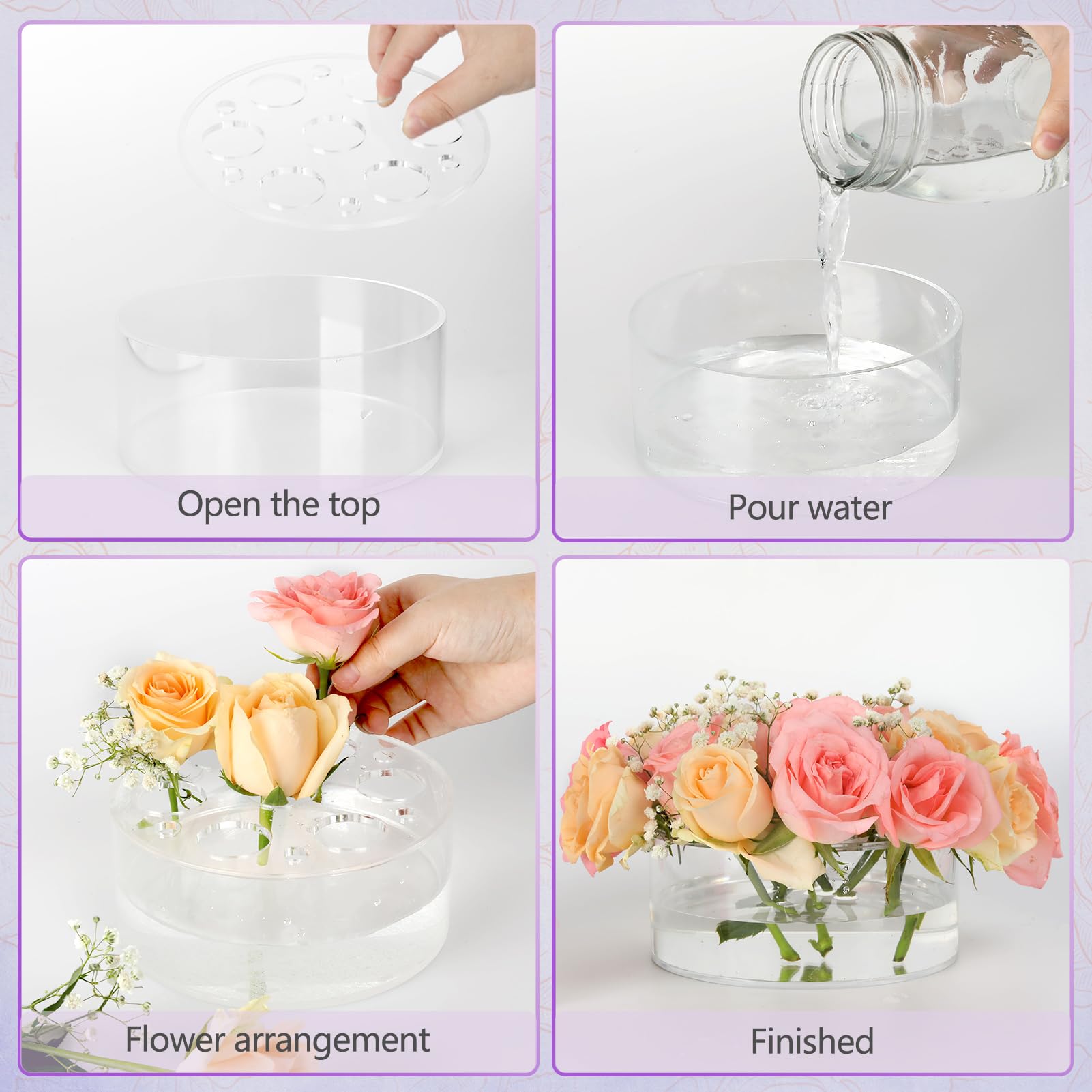 Vase à fleurs rond en acrylique de 30,5 cm pour centre de table de mariage, vase floral rond transparent large et bas avec 31 grands + 18 petits trous pour table à manger, maison, fête d'anniversaire,