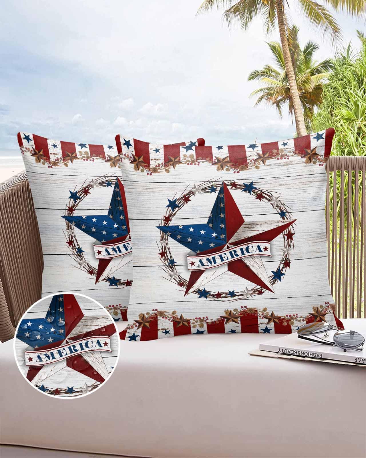 Boanket Outdoor Pillow Covers 18 x 18 in, Country Star 4th of July Waterproof Throw Pillow Cover Set of 2, Texas Star Blue Red Farmhouse Home Decorative Square Cushion Covers for Patio/Couch/Garden