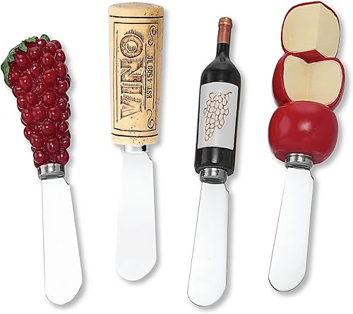 Mango de resina pintado a mano de 4 piezas con hoja de acero inoxidable esparcidor de queso/cuchillo esparcidor de mantequilla, surtido (Vino)