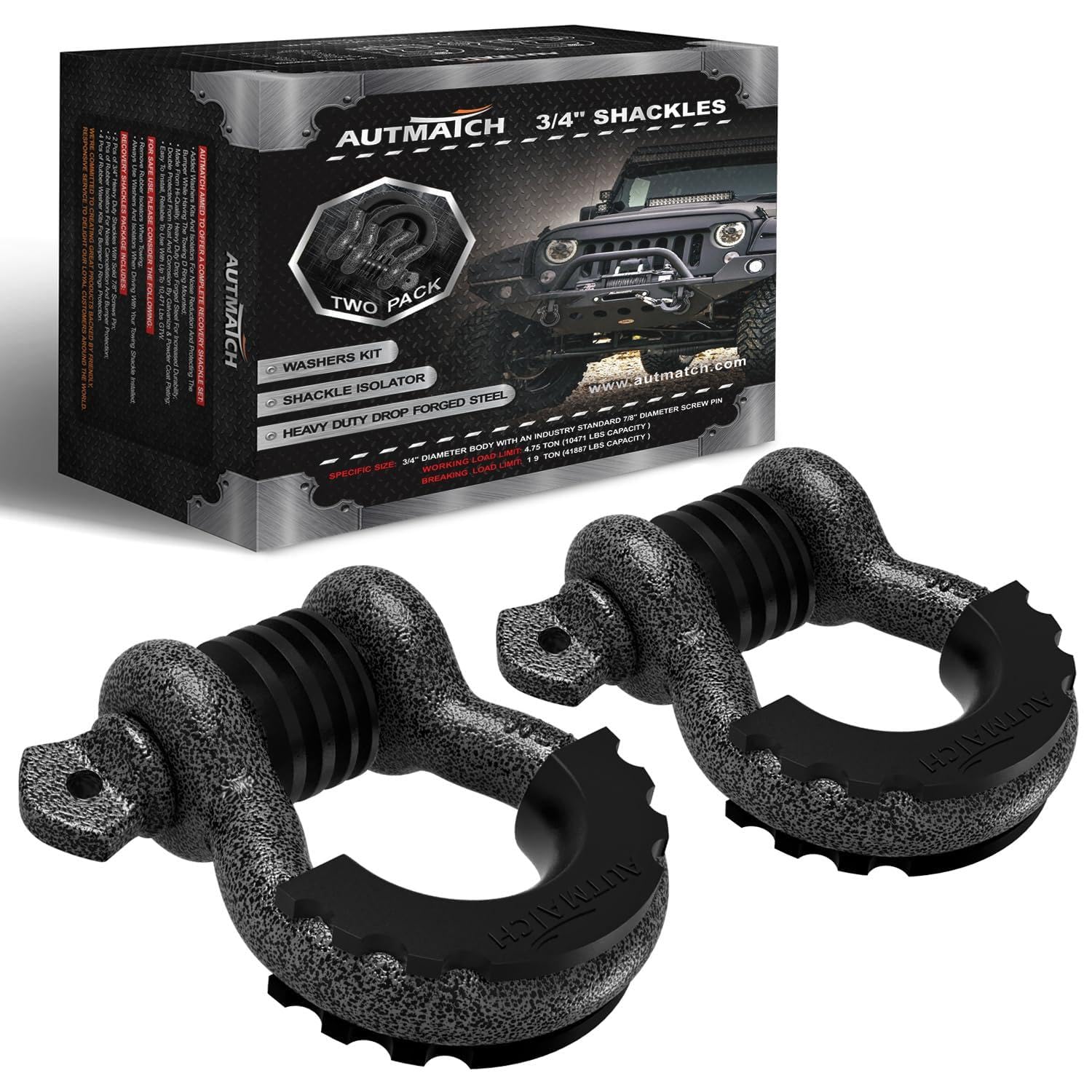 AUTMATCH D Ring Shackle 3/4" Shackles (2 Pack) 41,887Ibs Break Strength, Clevis Shackle with 7/8" Screw Pin and Shackle Isolator Washers Kit for Tow Strap Winch Off Road Vehicle Recovery, Grainstone