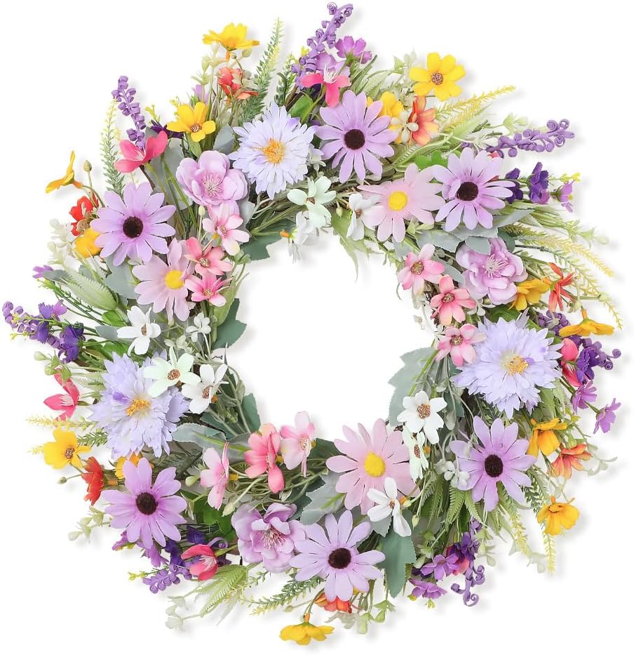 45CM Spring Wreath for Front Door Summer Artificial Daisy Lavender Wreath,Wildflower Summer Silk Wreaths forHome Wall Wedding Festival Farmhouse Holiday Decor (Pink-50cm)
