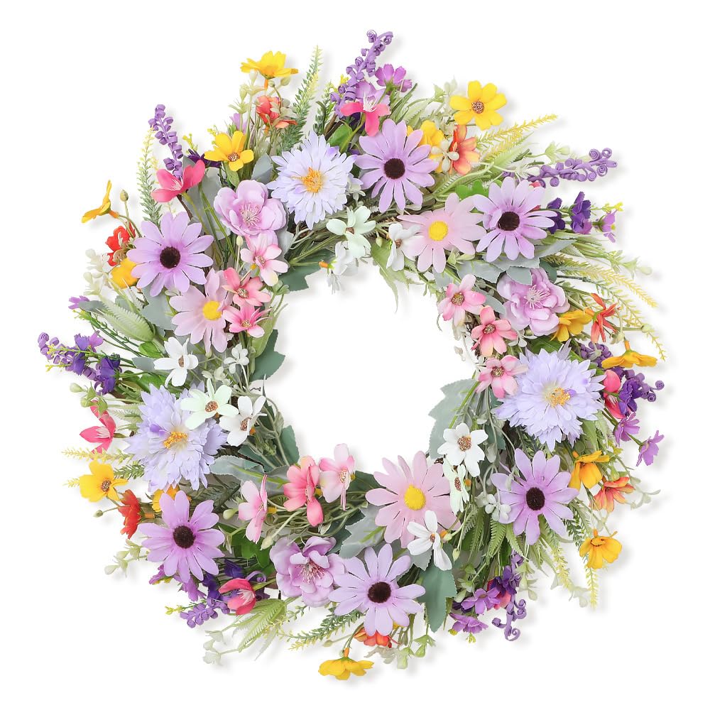 Ccuuhj Pink-50Cm 45Cm Spring Wreath For Front Door Summer Artificial Daisy Lavender Wreath,Wildflower Summer Silk Wreaths Forhome Wall Wedding Festival Farmhouse Holiday Decor (Pink-50Cm)