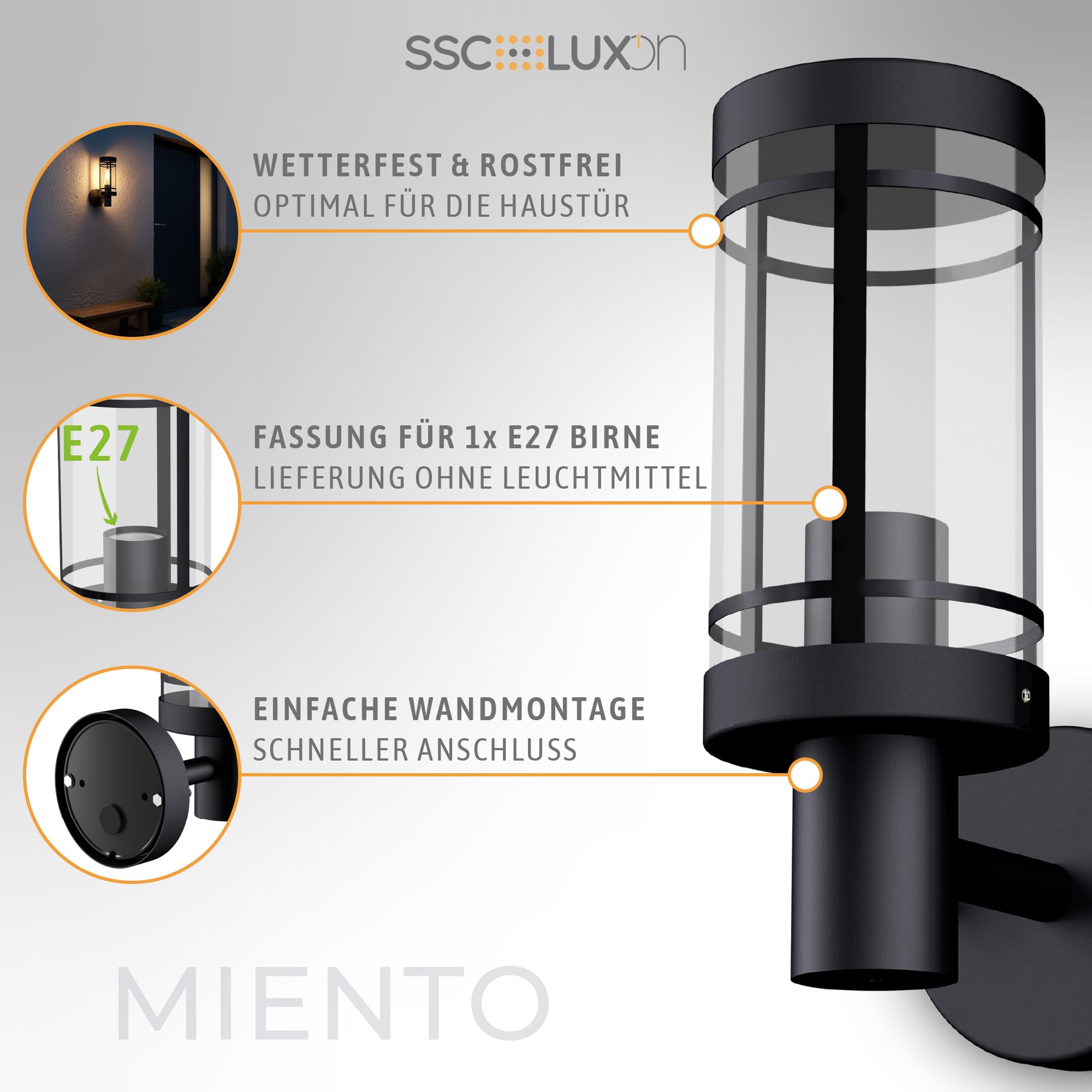SSC-LUXon 2 Stück MIENTO Wandleuchte Laterne Aussen modern - Wandlampe schwarz wetterfest IP44 Lampenfassung für 1x E27 | Zwei Wandlaternen im Laternen-Design für Hauseingang & Garten - wetterfest IP44, rundum Licht, E27 Fassung, ohne Leuchtmittel