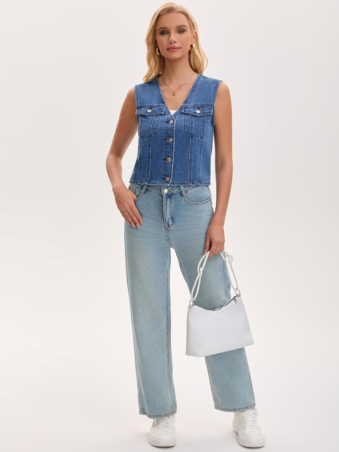 Womens Jean Vest Top V Neck Western Button Up Sleeveless Cropped Denim Vests - Image 3