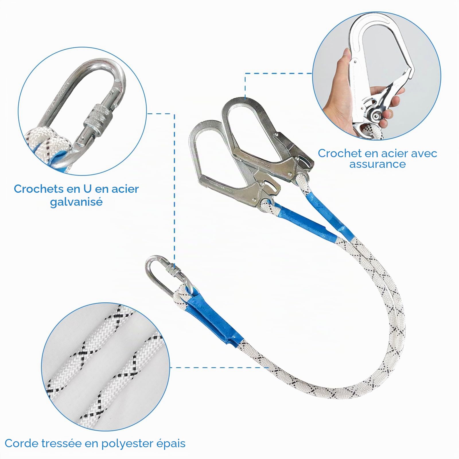 Corde de sécurité anti-chute, sangles de récupération, corde anti-chute de 2 m avec 2 mousquetons en acier allié et amortisseur de chute, convient pour l'escalade rocheuse en plein air, l'escalade des