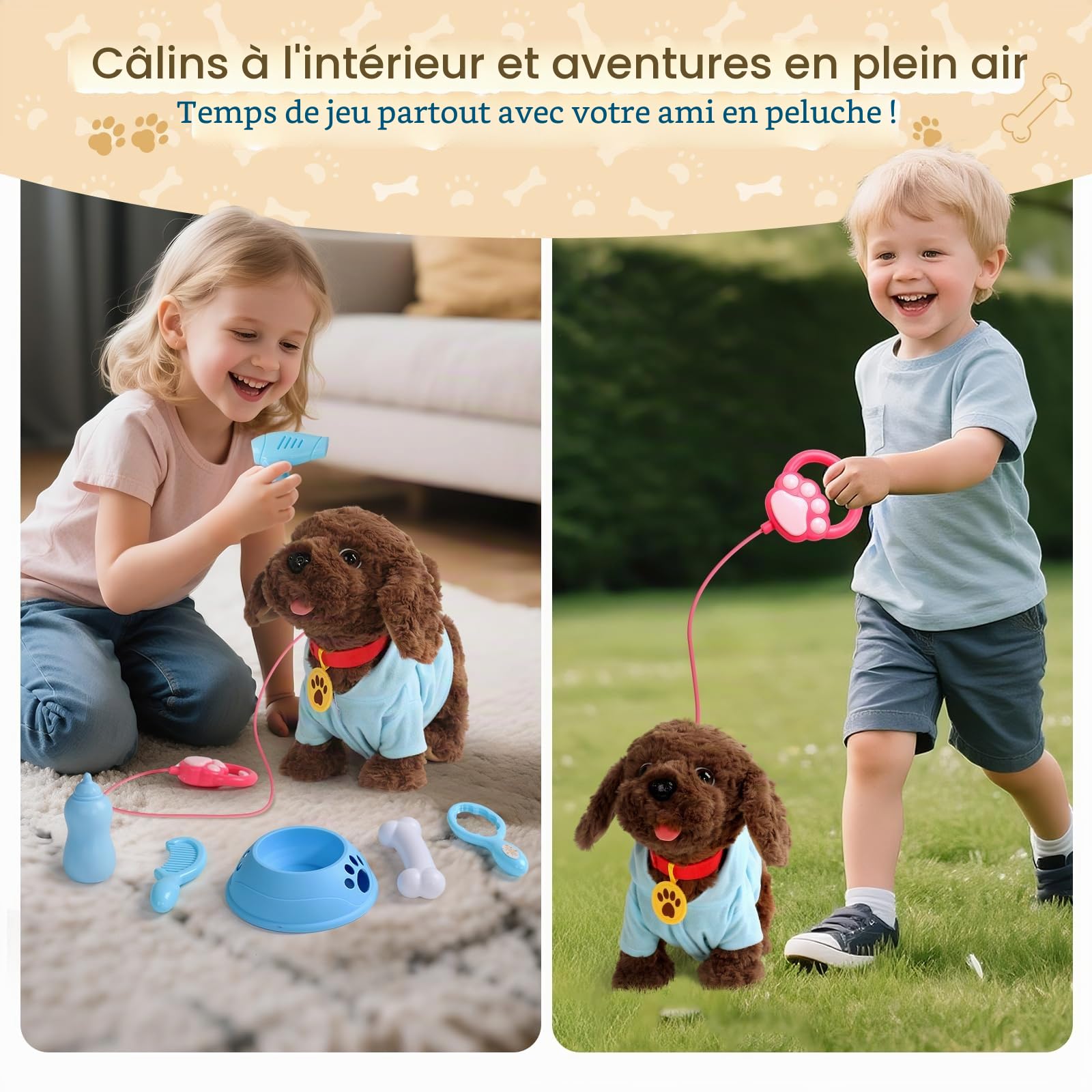 jerryvon Chien Interactif avec Laisse, Chien en Peluche Qui Marche et Aboie, Jouet Chien Robot avec Musique et Répétition Vocale, Cadeau Fille Garçon dès 2 Ans
