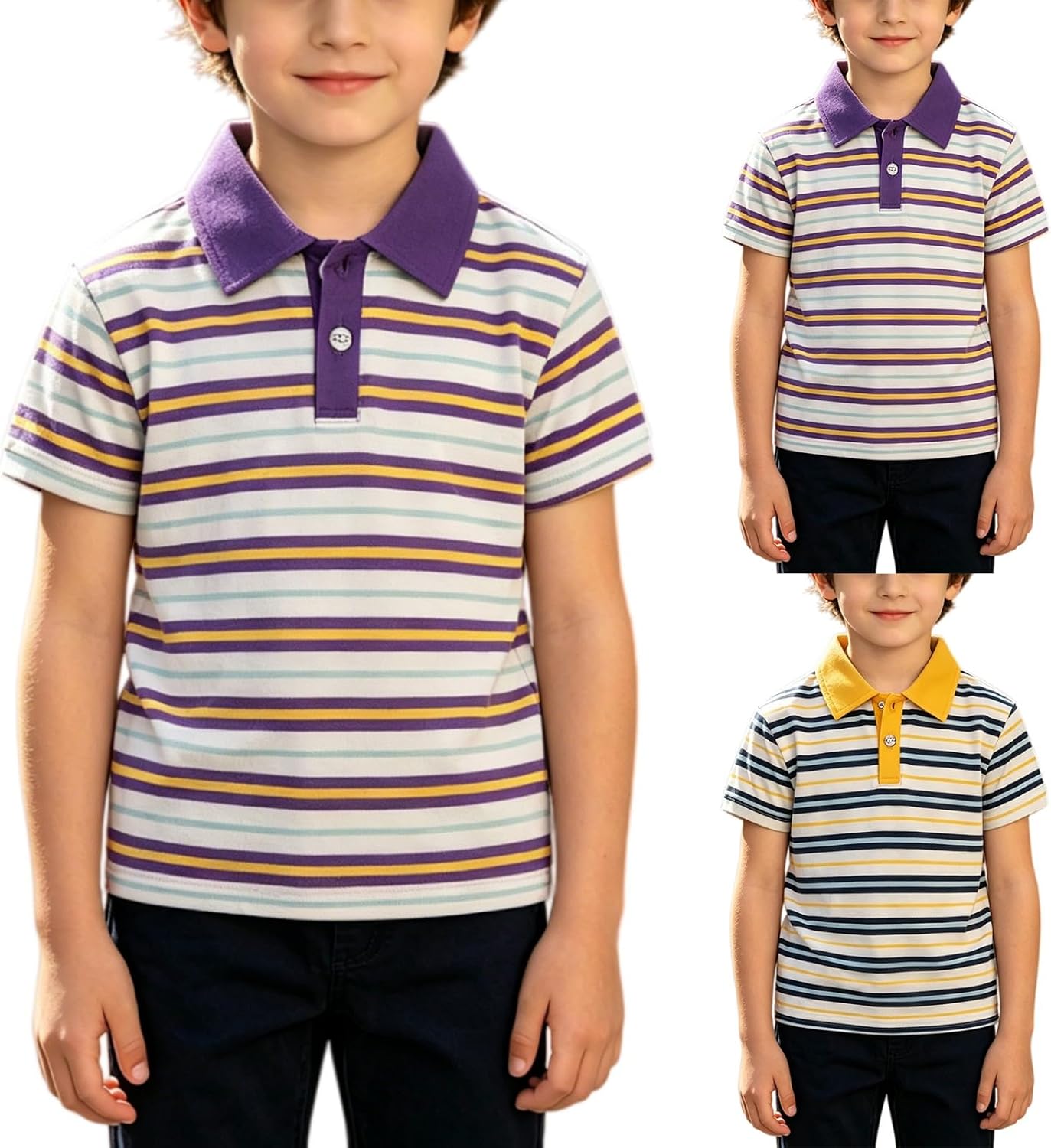 Toddler Boys Striped Polo Shirt Collared Neck Button Down Golf Athletic T Shirts Casual Short Sleeve Color Block School