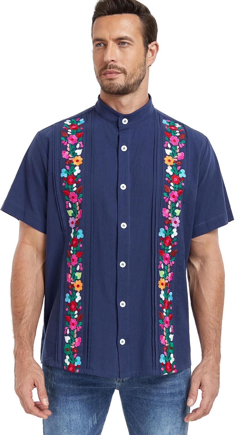 YZXDORWJ Men's Mexican Cuban Shirt Embroidered Traditional Button Down Shirt Summer Band Collar Short Sleeve Tops