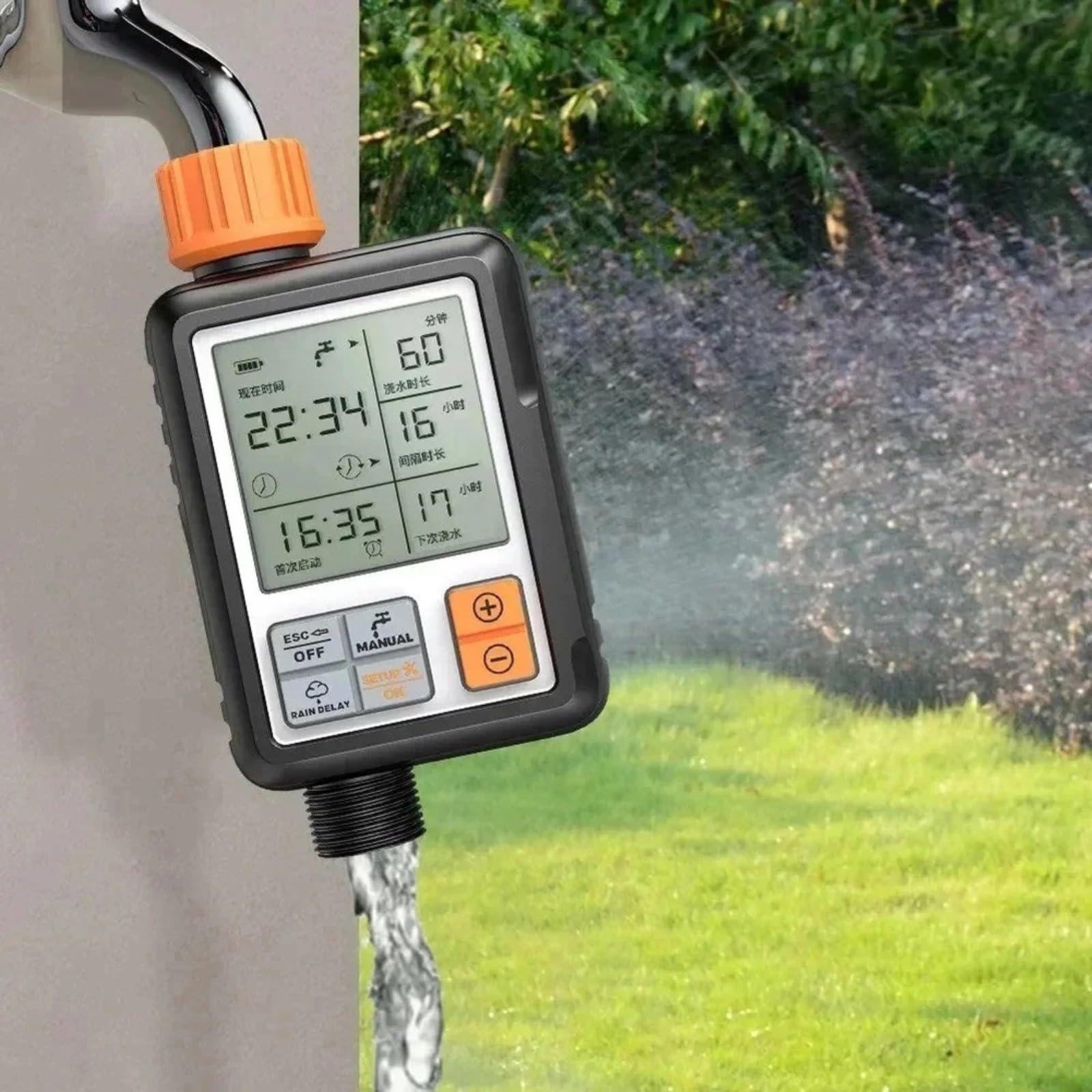 Temporizador de riego digital automático para jardín, sistema de agua de doble salida con IPX5, resistente al agua, ajustable de 1 seg a 300 min, conector de 3/4 pulgadas, color negro