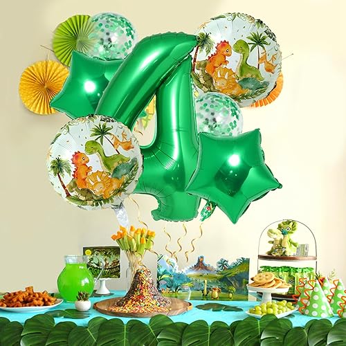 Miniatura 8 de Decoraciones de globos de dinosaurio de 4 cumpleaños para niños, globo verde número 4 para decoraciones de cumpleaños de niños, dinosaurios ranchos,