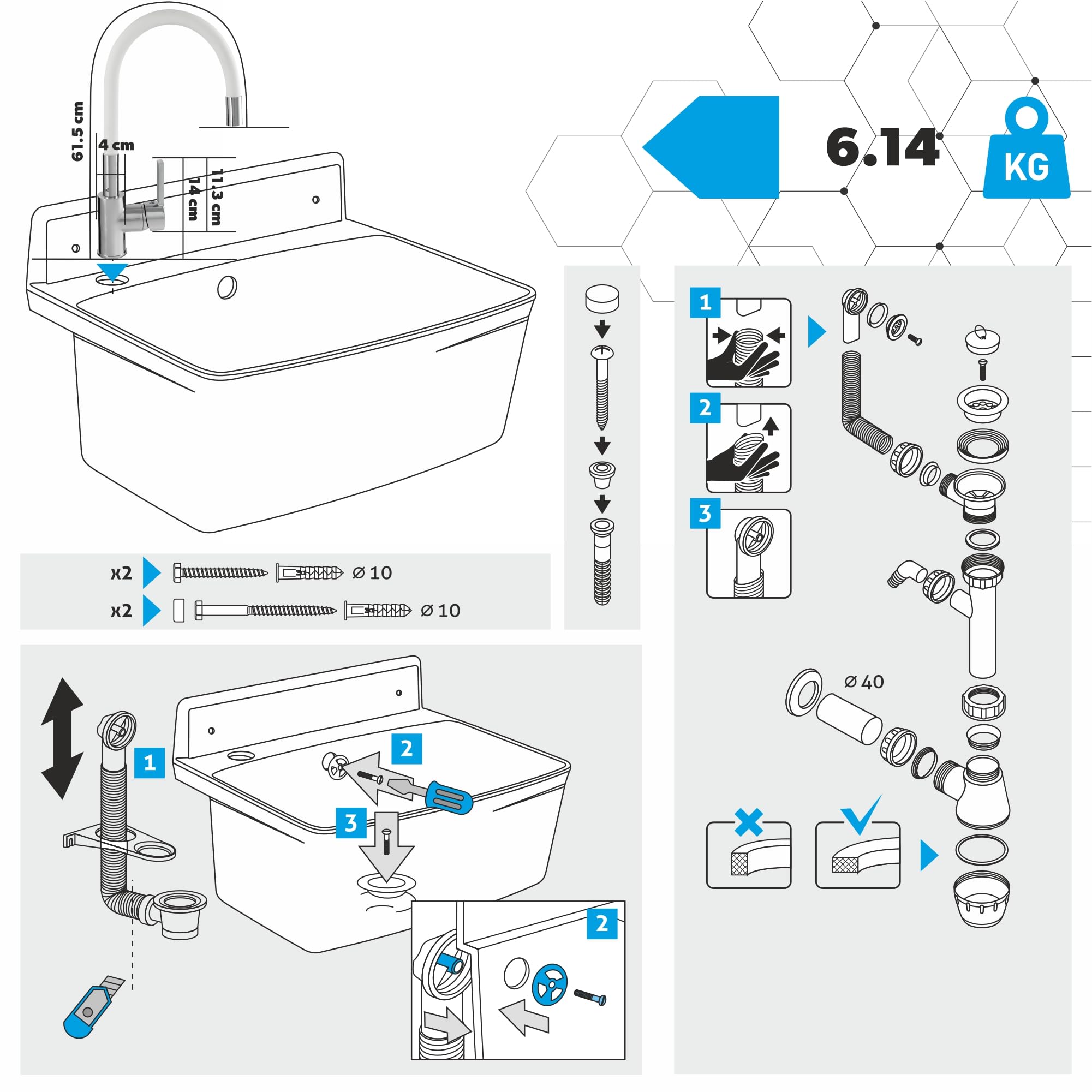 KADAX gospo Lavabo de jardin, 55 x 42 x 22,5 cm, en polystyrène de qualité supérieure, avec technologie Easy-Clean, pour le jardin, blanc, batterie élastique