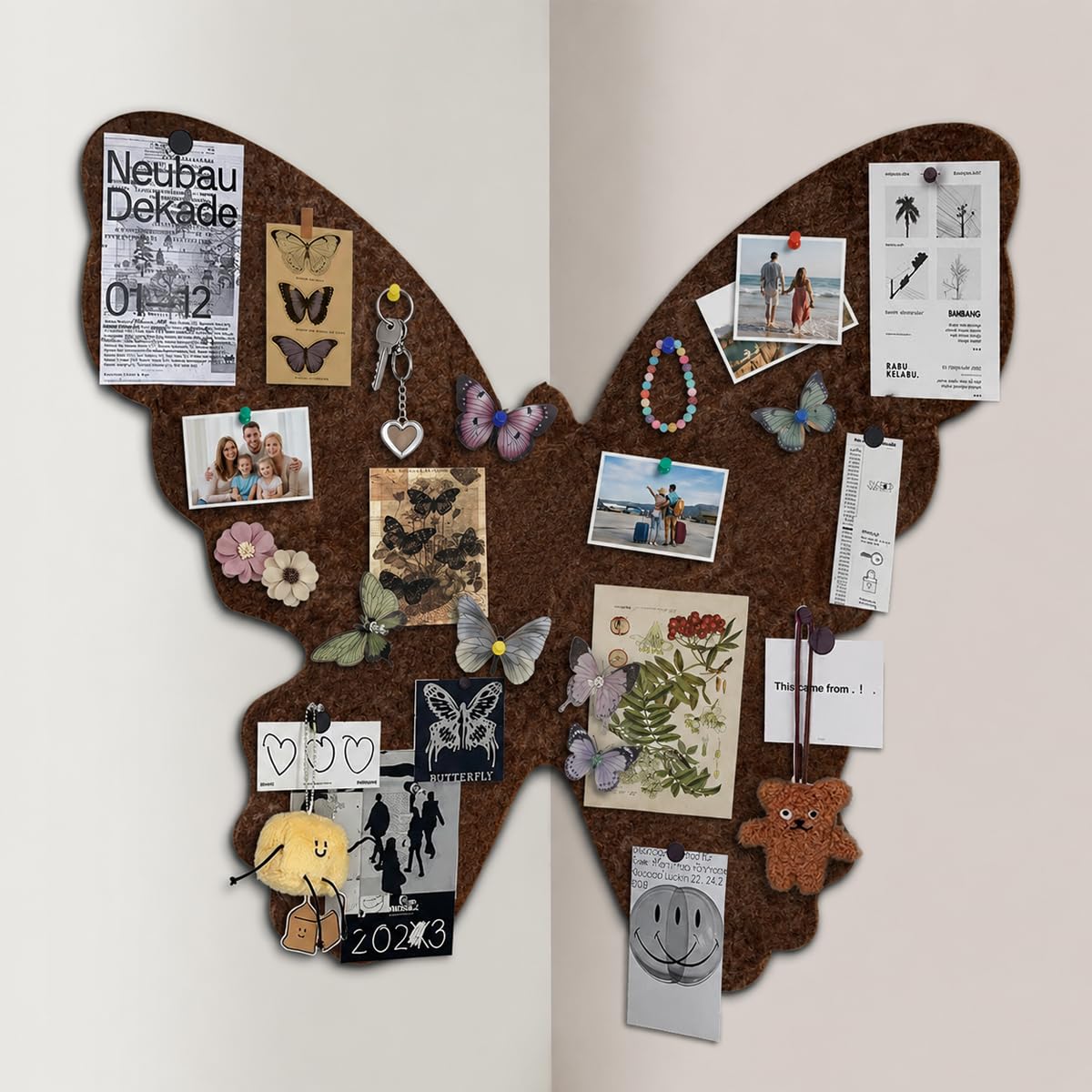 Climberty® Butterfly Felt Bulletin Board Corner Pin Board for Wall Photos, Notes, Postcards & DIY Decor, Memo Display Board with 50 Cards & 50 Push Pins for Home or Hostel Rooms, 80x70cm