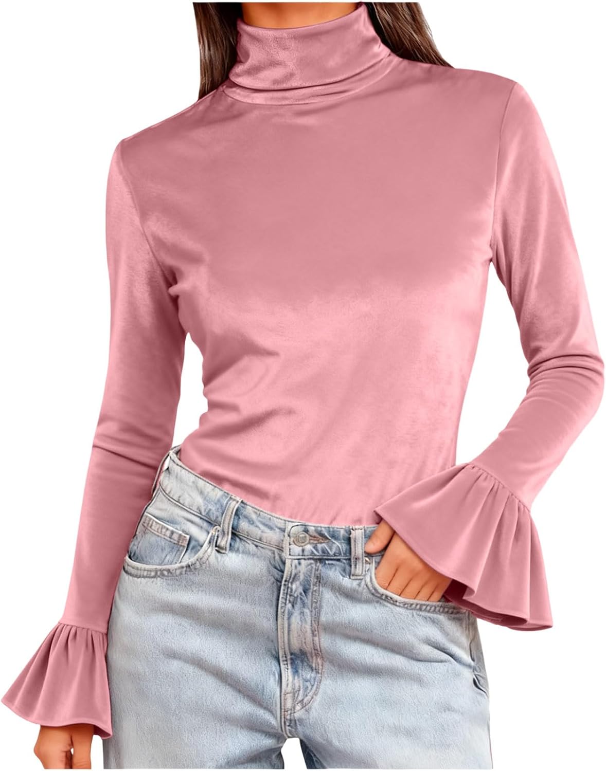 Women's Turtleneck Velvet Shirts Fall Fashion Bell Long Sleeves Basic Thermal Underwear Tops Winter Clothes