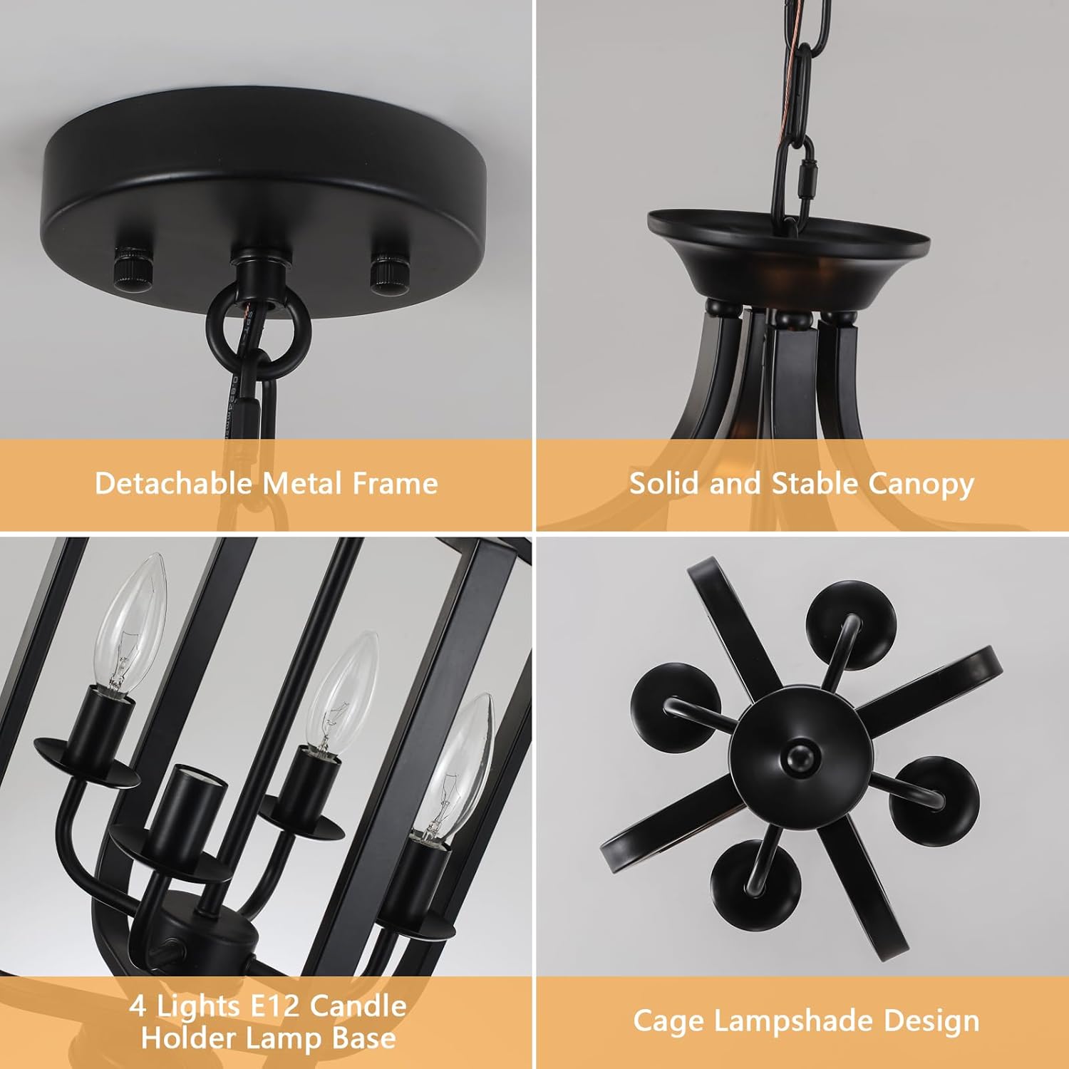 10.63" Black Chandelier 4-Lights Modern Farmhouse Lantern Chandeliers for Dining Room Rustic Metal Cage Industrial Vintage Pendant Light Fixture for Foyer Kitchen Entryway Living Room Hallway E12