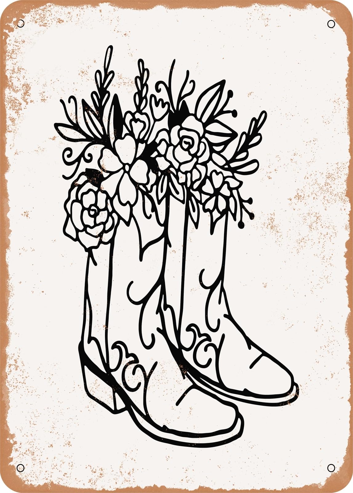 Miaomansenstore Metal Sign - Floral Cowboy Boots - 2 - Vintage Rusty Look Home Decor
