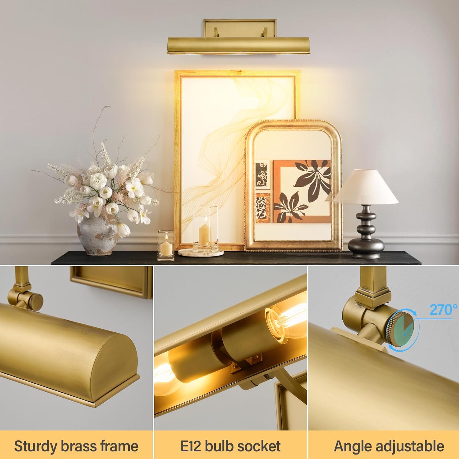 Gold Hardwired Art Picture Light: 18 Inch Long Painting Lights - Brass Art Decor Display Wall Sconce Over Painting Frame - Gallery Artwork Lighting Lamps for Museum Portrait Bookcase 3 Bulbs Included