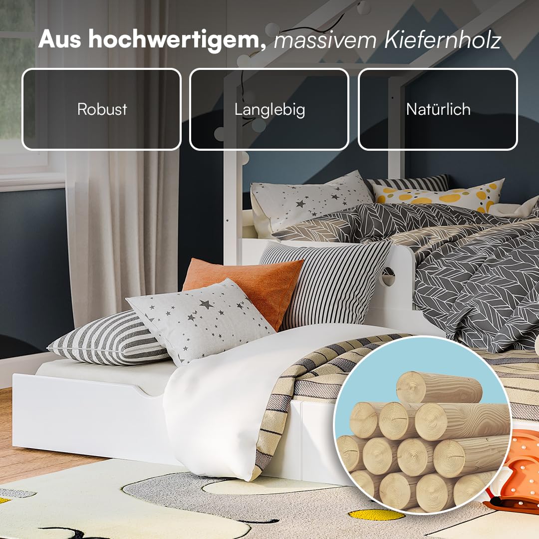 Bellabino Bela Kinderbett 90x200 cm – Hausbett mit Rausfallschutz & Lattenrost – Kinder Bett mit Gästebett für Jungen und Mädchen – Montessori Kinderhausbett aus Kiefer Holz in Weiß