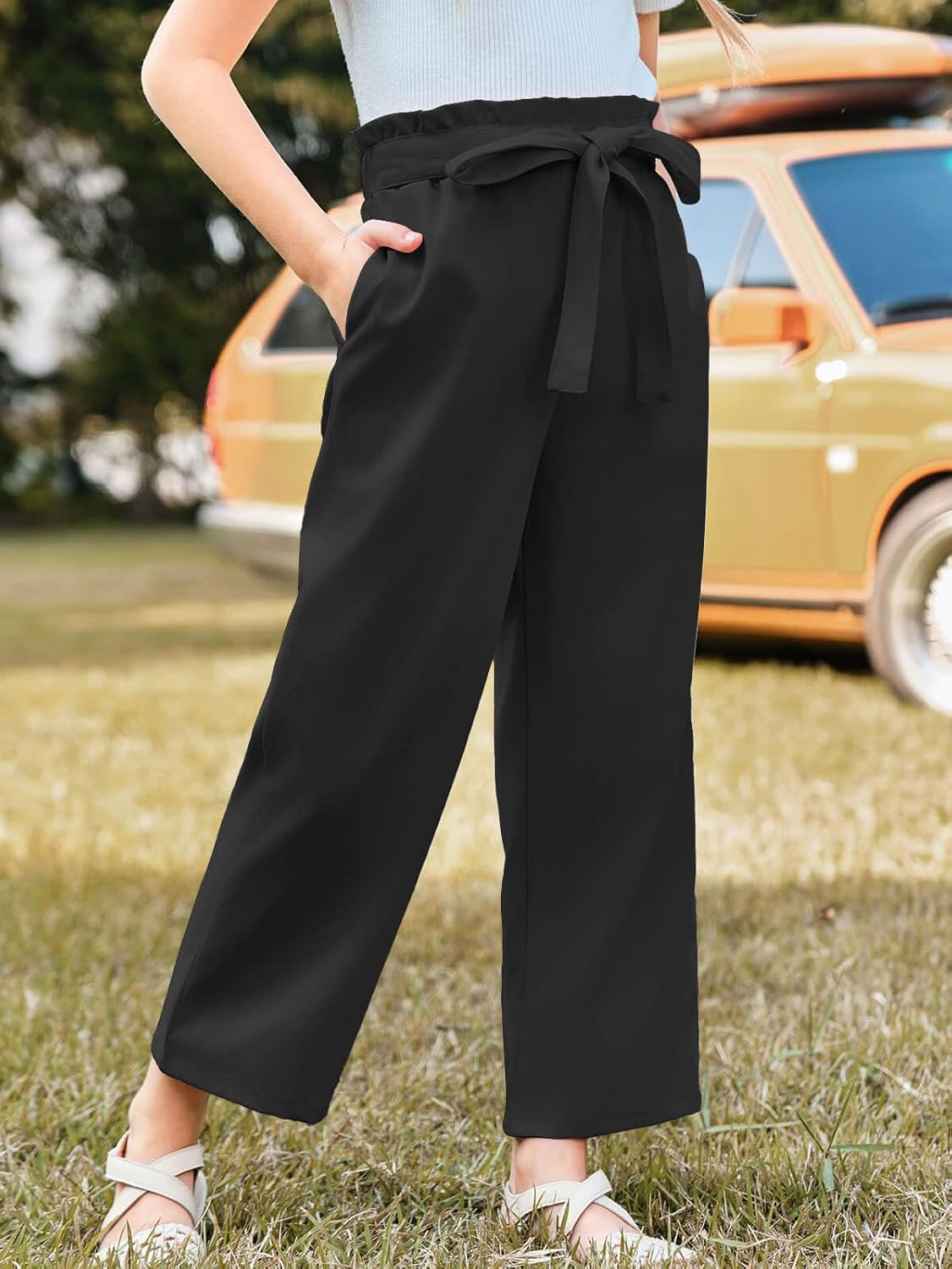 Haloumoning Girls Wide Leg Pants High Elastic Smocked Waist Casual Flowy Cute Long Trousers - Image 2