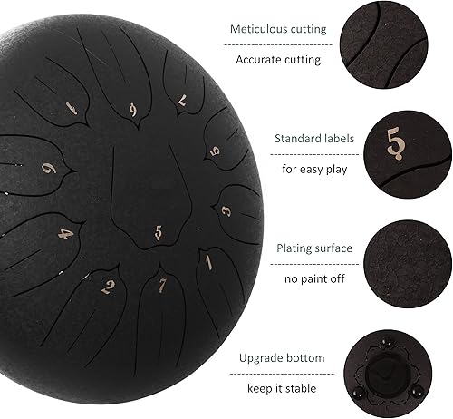 Miniatura 10 de Tambor de lengua de acero de 12 pulgadas, 11 notas para adultos, instrumento etéreo de metal para meditación y yoga con libro de música, mazos y