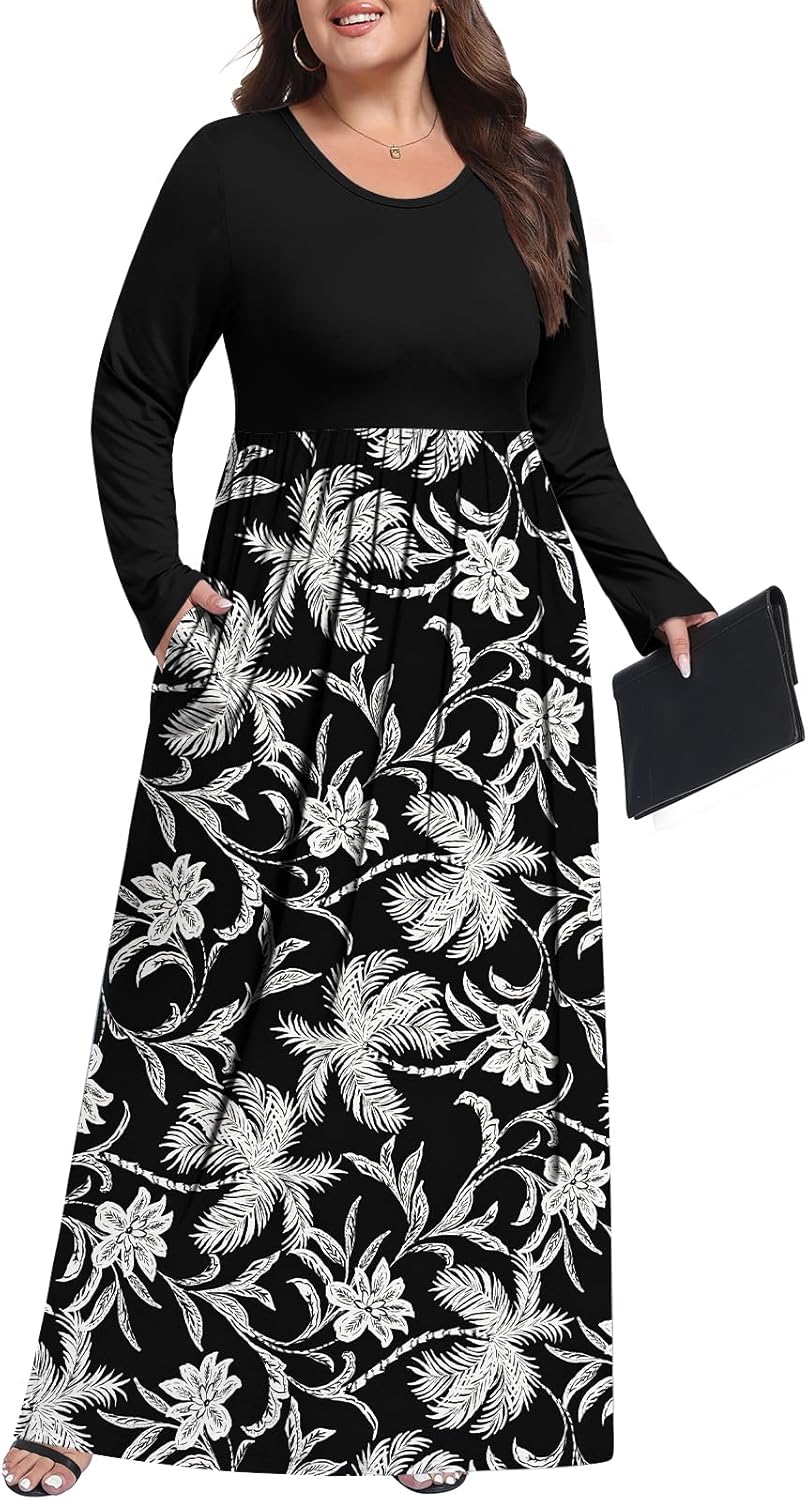 Womens Plus Size Maxi Dress Casual Long Sleeve Long Dresses with Pockets - Image 2