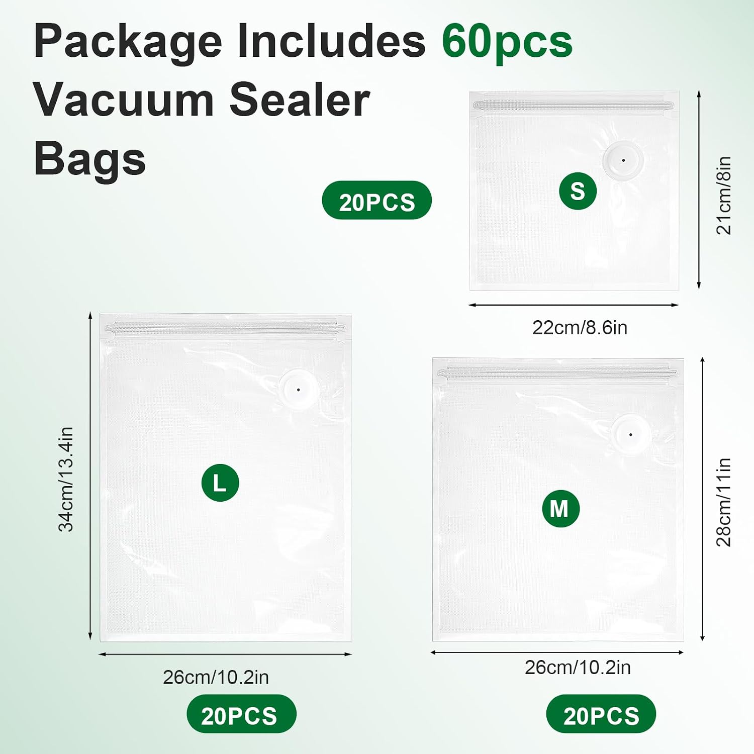 60 PCS Vacuum Sealer Bags for Food with Air Valve Zipper, Reusable Sous Vide Bags Compatible with Handheld & External Vacuum Sealer Machines, 3 Size