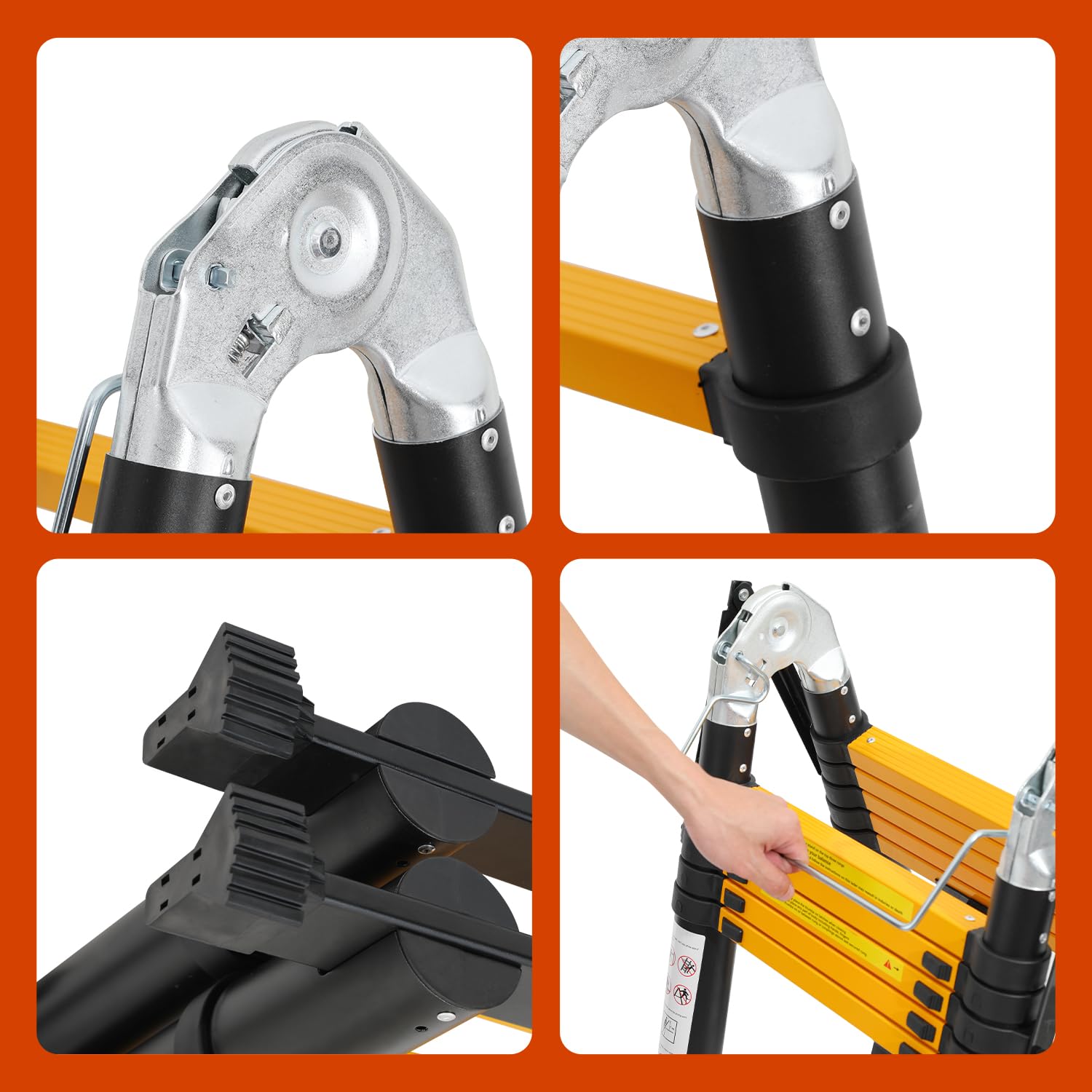 Herrselsam 3.8m(1.9m+1.9m) Teleskopleiter Klappleiter Aluminium, Mehrzweckleiter mit Tragegriff, Rutschfester Tragbar Alu Leiter Maximale Tragfähigkeit 150kg, Schwarz Gelb