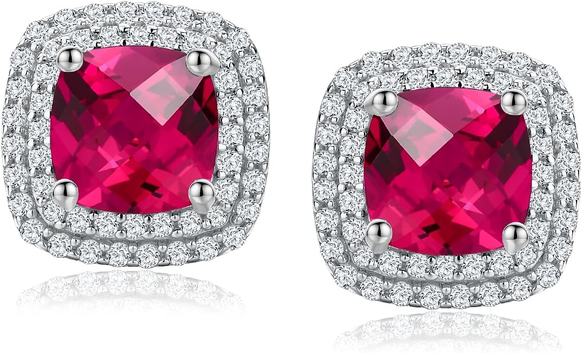 Dainty Birthstone Earrings for Women Sterling Silver Small Stud Earrings with Halo Cushion/Round Created Gemstone Earrings Birthstone Jewelry