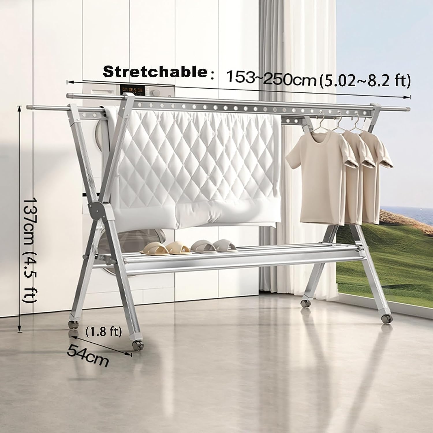 Suszarka Do Ubrań, Aluminiowa, Składana, Do Użytku Wewnątrz I Na Zewnątrz, Z 4 Kółkami, Łatwa Do Przenoszenia,A-250 * 54 * 137cm
