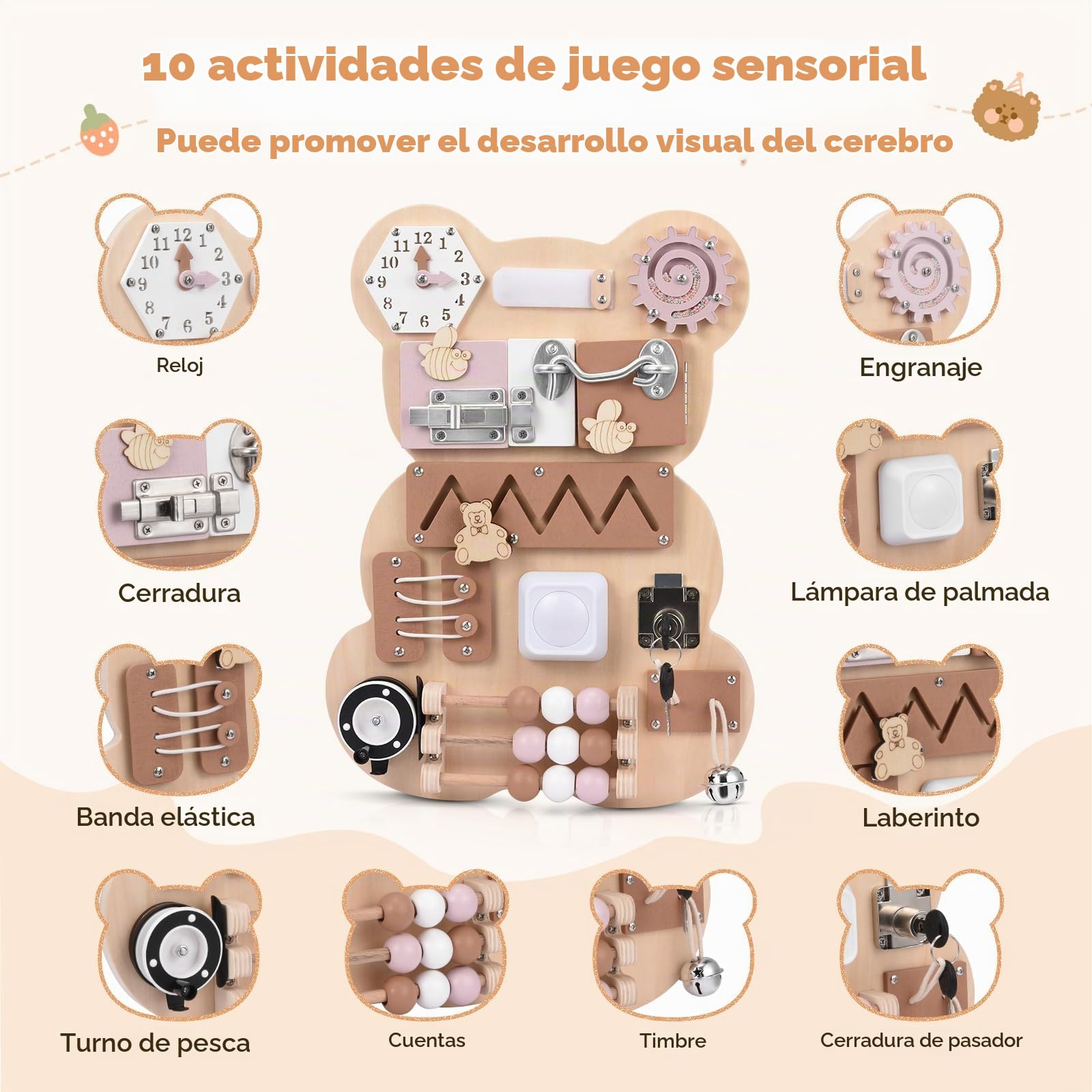 Busy Board Montessori Tablero de Actividades Montessori 12 in 1 Tablero Ocupado para Niños Juguetes sensoriales de Madera para Habilidades Motoras Básicas para Niñas y Niños de 1-6 años