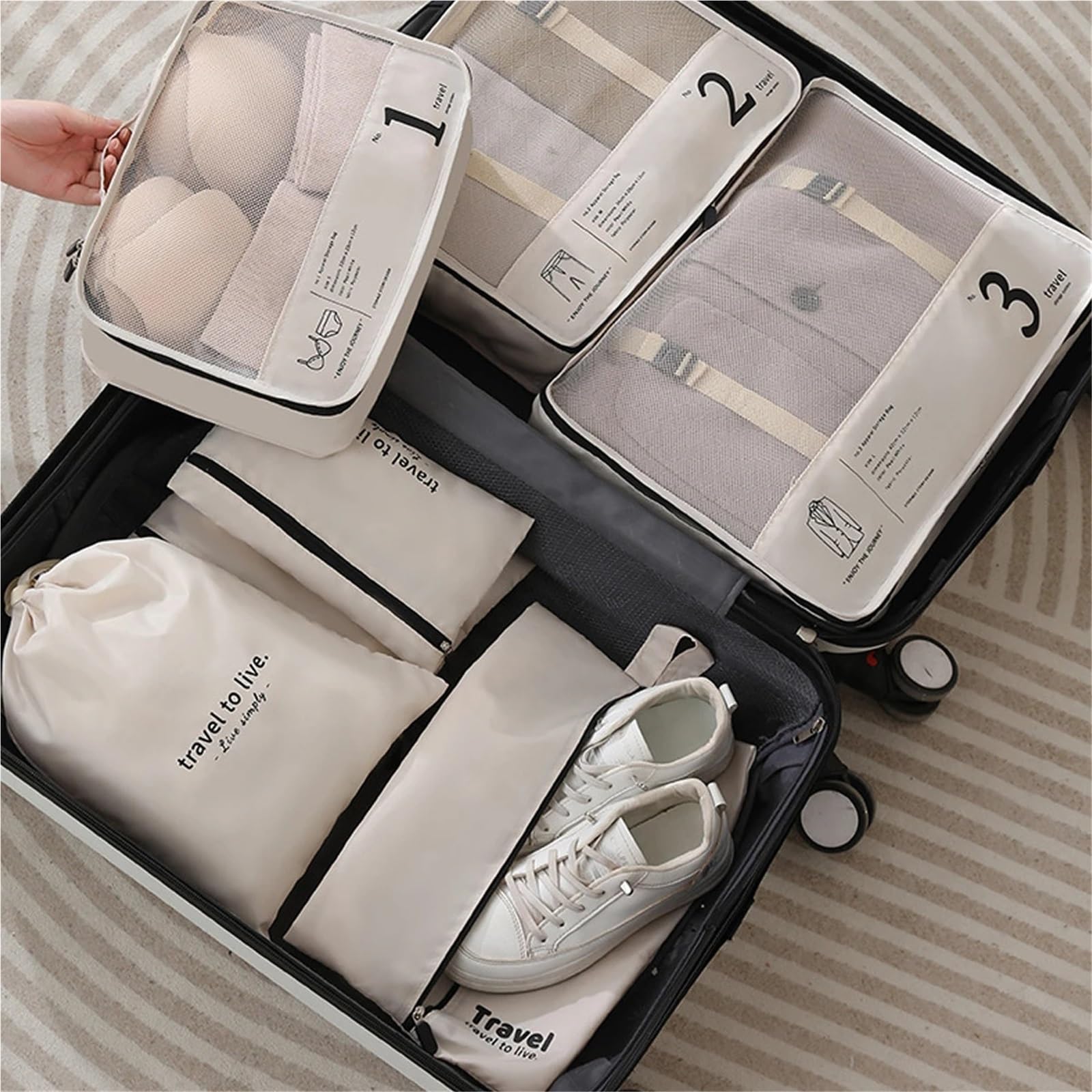 Set di 7 cubi da viaggio organizer, borse leggere e versatili per Vestiti, Scarpe, Cosmetici(WHITE)