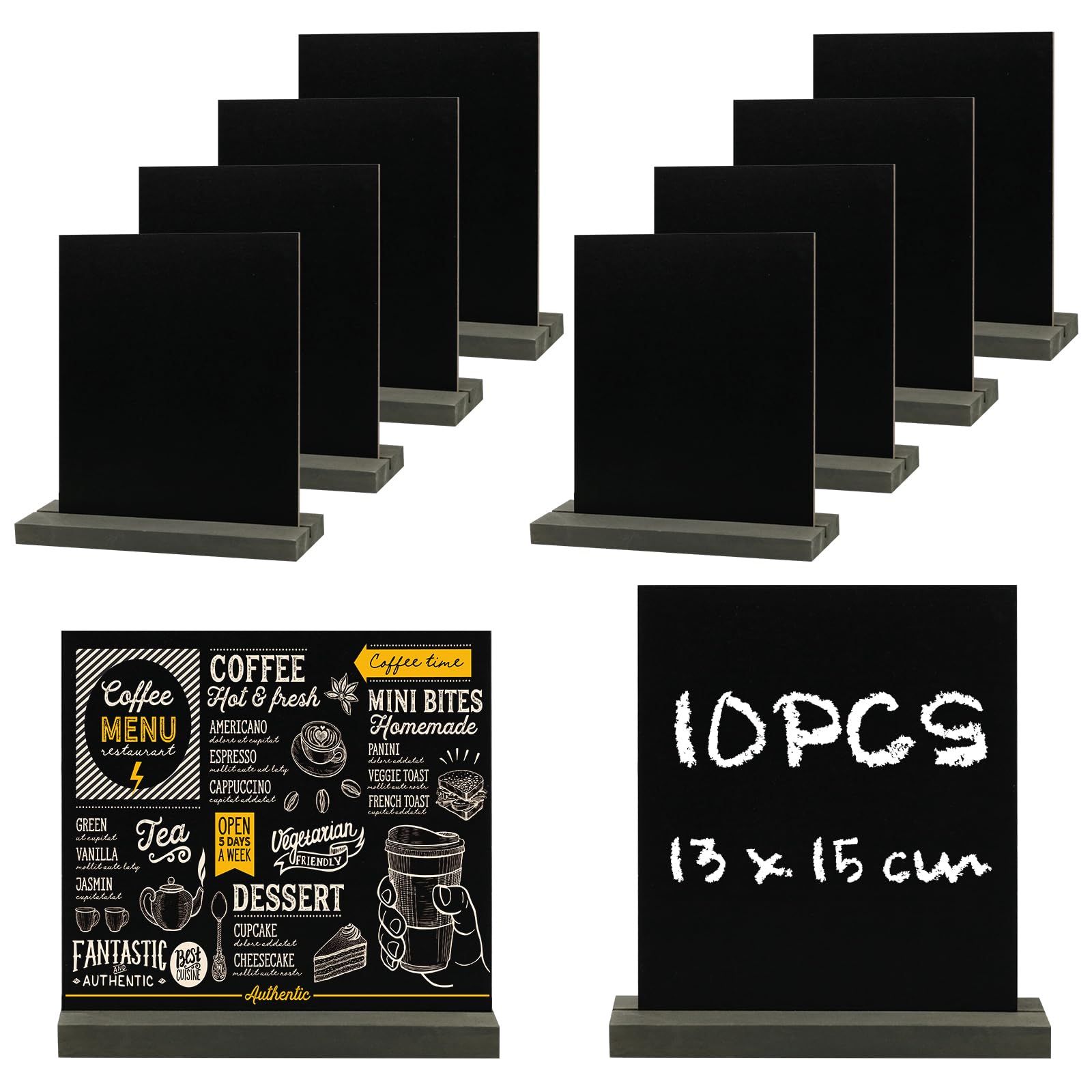 10 Stück Schiefertafel zum Beschriften,Aufsteller Kreidetafel Klein,Mini Kreidetafel Set,mit Sockel Doppelseitige Buffet Schilder Preisschilder für Geburtstag Hochzeit Bar Café 13 x 15 cm