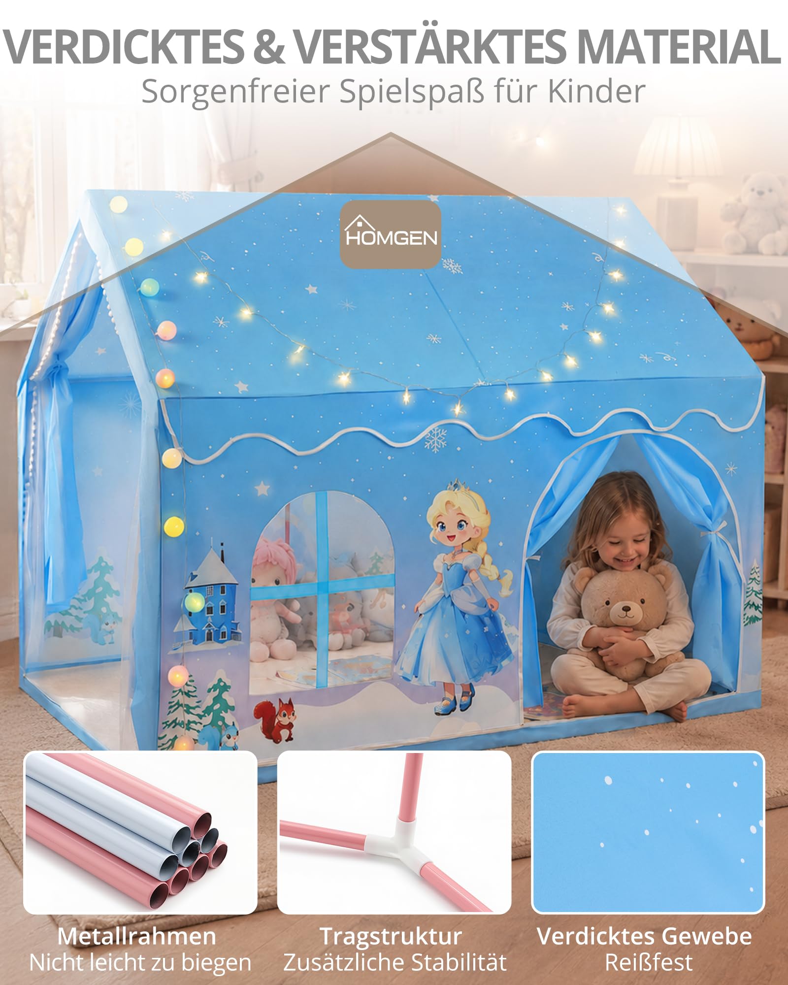 HOMGEN Kinderzelt mit Matte und Lichtern, Spielhaus Indoor für Kinder, Prinzessin Spielzelt für Kinderzimmer Deko & Lesezelt, für 3–12 Jahre,Mädchen und Jungen, 160×105×128cm, blau