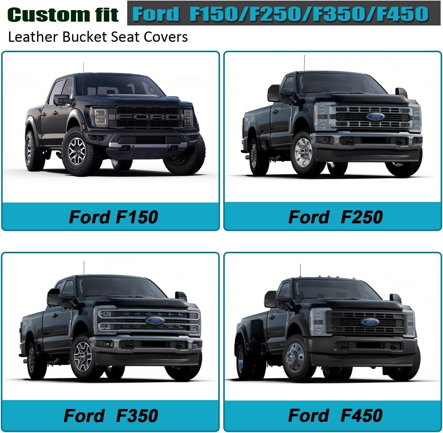 GIANT PANDA 2 Pack Front Car Seat Cover for Ford F150, Leather Bucket Seat Covers Custom Fit Ford F250 F350, Faux Leather + Stretch Fabric (Grey/Gray+Black)