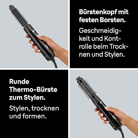 Braun Hot Air Brush AS1.5 - Compact Blow Dryer Brush with Round Thermal Brush and Fixed Bristle Brush 300W 3 Heat/Speed Levels Black Attachments for Drying and Volume BRAS150E