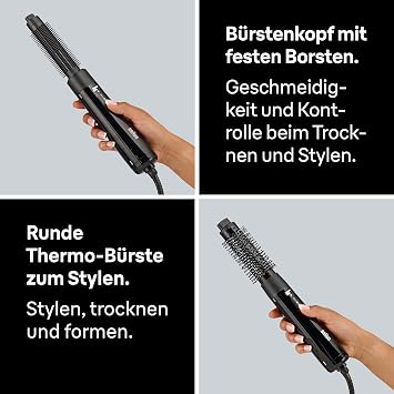 Braun Hot Air Brush AS1.5 - Compact Blow Dryer Brush with Round Thermal Brush and Fixed Bristle Brush 300W 3 Heat/Speed Levels Black Attachments for Drying and Volume BRAS150E