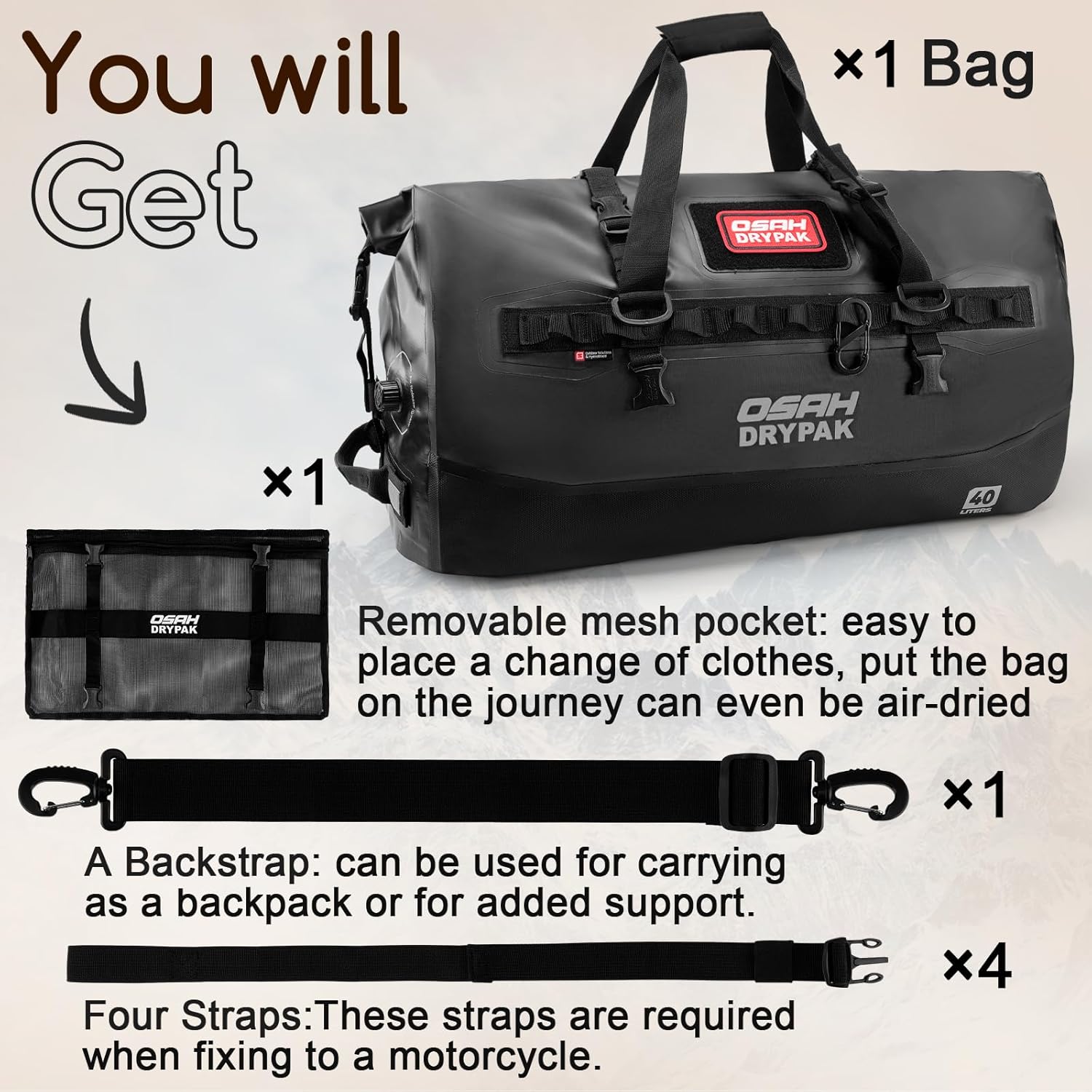 Waterproof Duffel Bag 25L/40L/60L – Heavy-Duty Motorcycle Tail Bag, Roll-Top Dry Bag for Travel, Camping, Boating, Kayaking, Outdoor Adventure