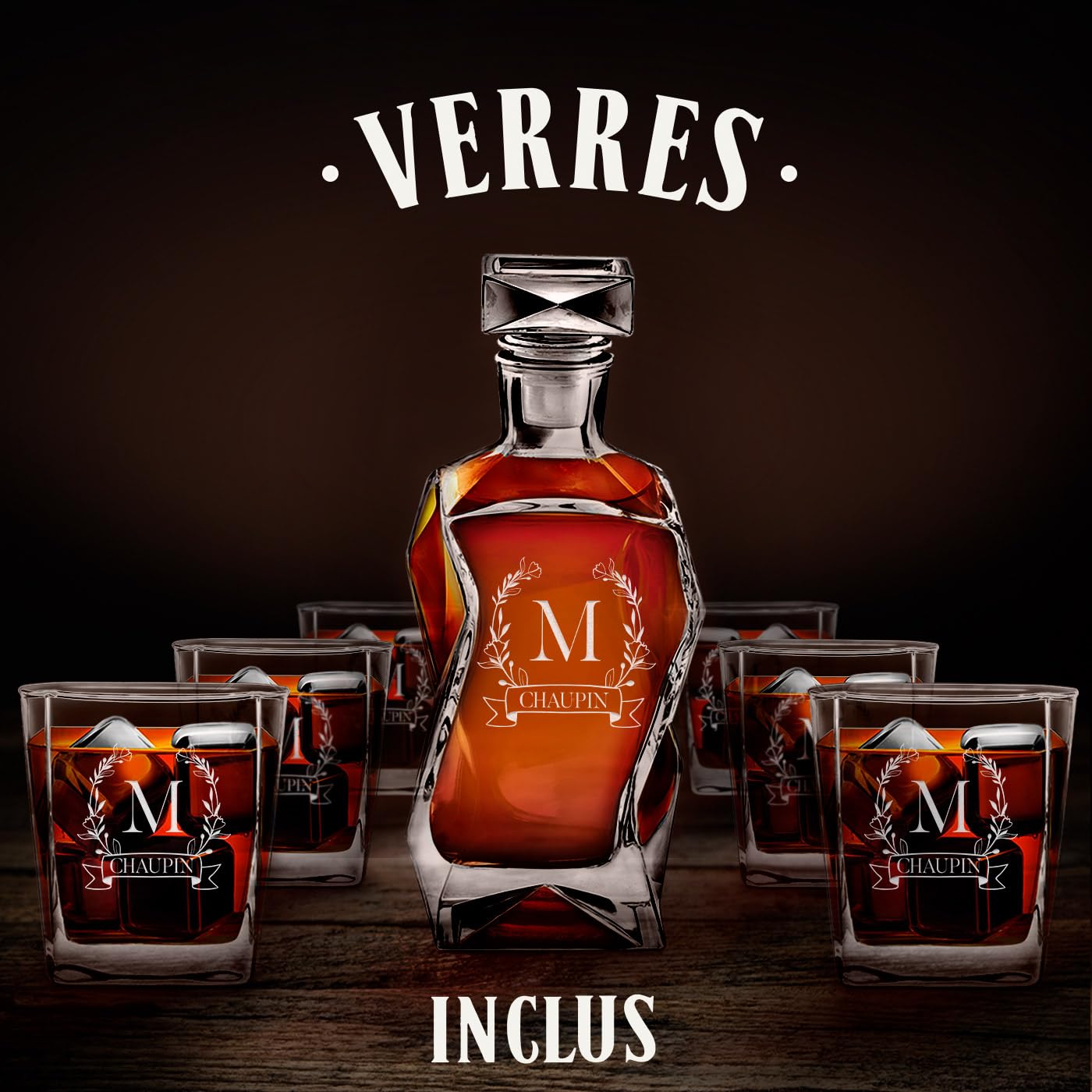 Maverton Carafe à Whisky avec Gravure pour Homme - Whiskey Set Élégant avec 2, 4 ou 6 Verres - Cadeau Homme Coffret Cadeau pour Couple - Souvenir de Mariage Anniversaire Fête des Grands-Pères